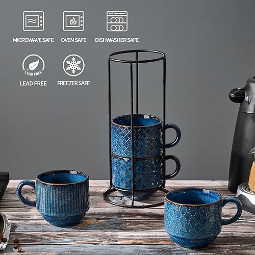 Miniatura 3 de Juego de 4 tazas de café grandes de cerámica con soporte, 15 onzas, apilables, diferentes relieves, juego de tazas de café acanalado para capuchino,