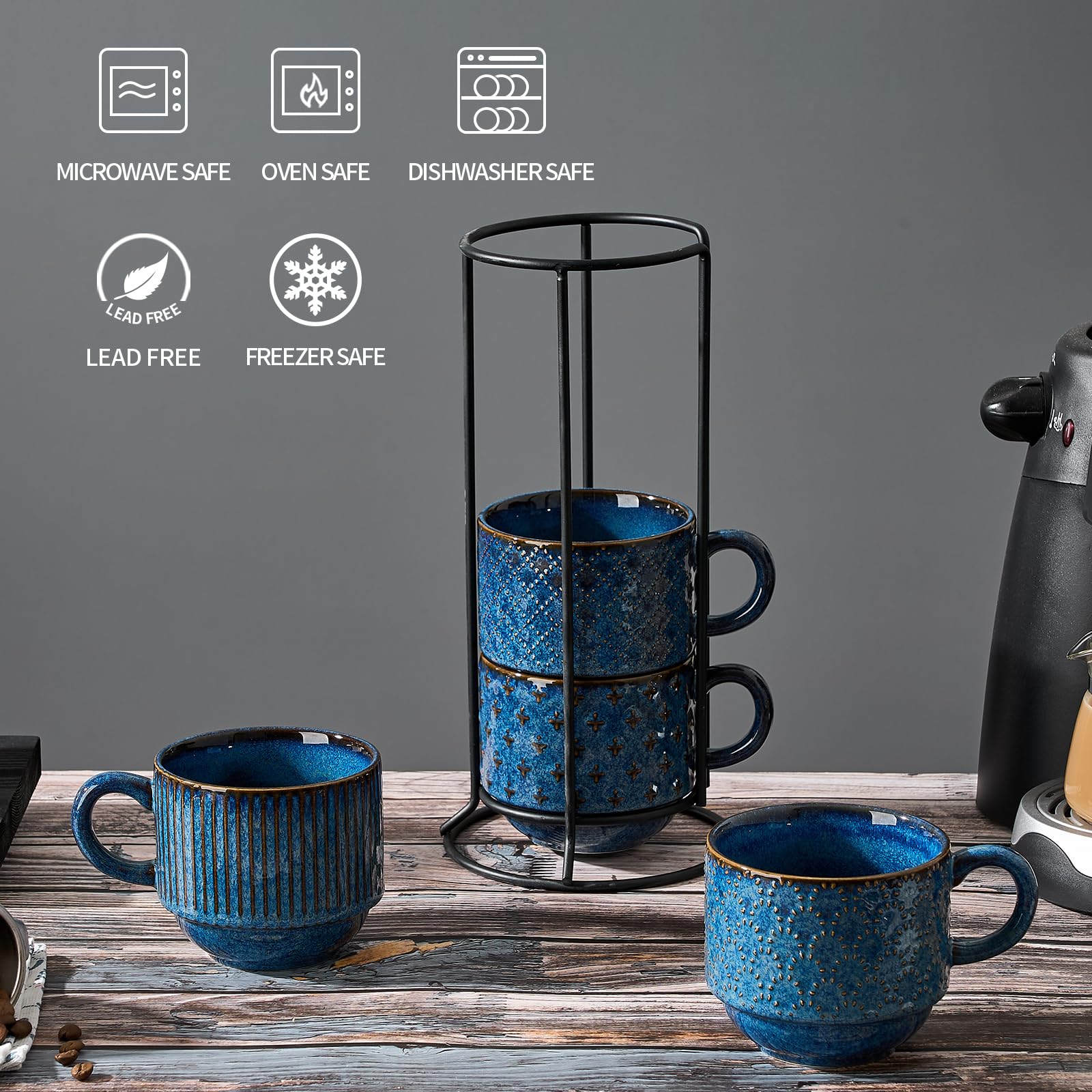 Duży zestaw 4 ceramicznych kubków do kawy ze stojakiem, 450 ml, możliwość układania w stos, różne tłoczenia, prążkowane kubki do latte, do cappuccino, herbaty, gorącego kakao, napojów,