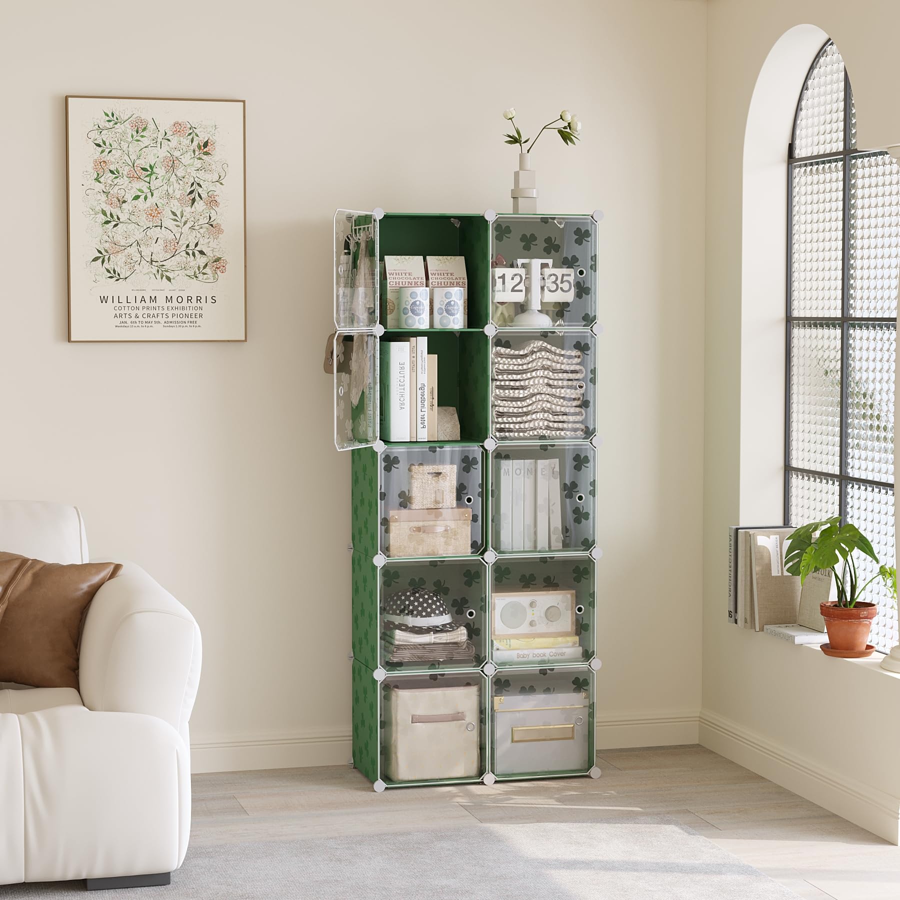 C&AHOME Organizzatore di contenitori a cubo con ante, ripiani a 12 cubi, armadio, libreria modulare in plastica fai-da-te ideale per camera da letto, soggiorno, verde