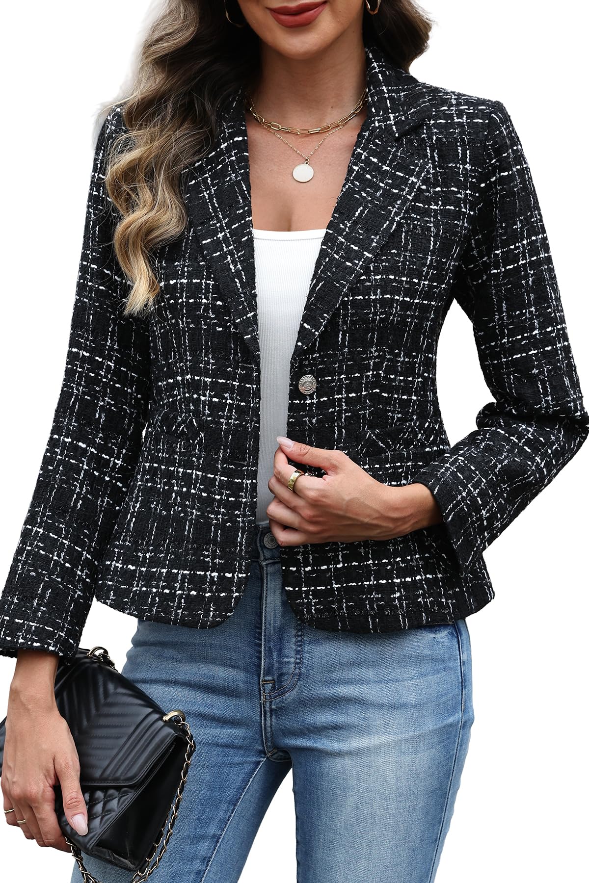 Women's Tweed Blazer,2 Button Long Sleeve Jacket Slim Fit Business Suit with Pockets