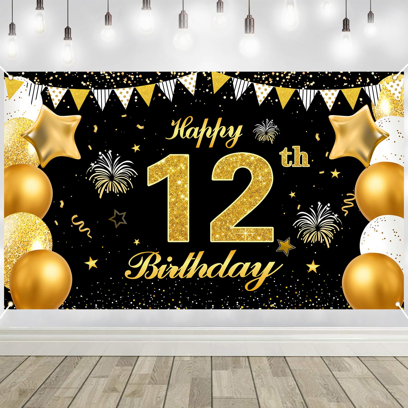 12th Birthday Decorations Banner Gold Black Happy Birthday Door Banner for Party Photo Backdrop for Men Women Home Outdoor Cover Party Decoration Supplies Poster