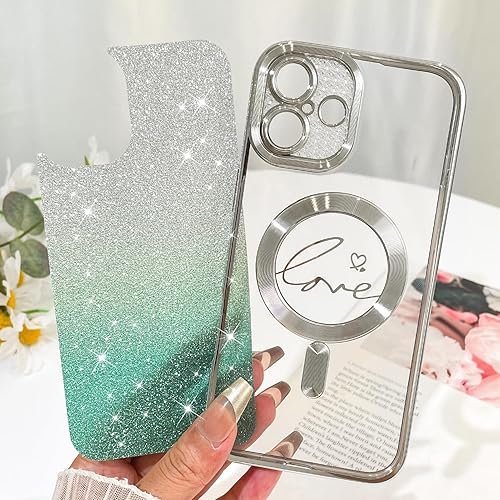 Vista 306 de Fiyart - Funda transparente magnética con purpurina para iPhone 12 para mujeres, con grabado "Love" metálico, protección para cámara y antigolpes