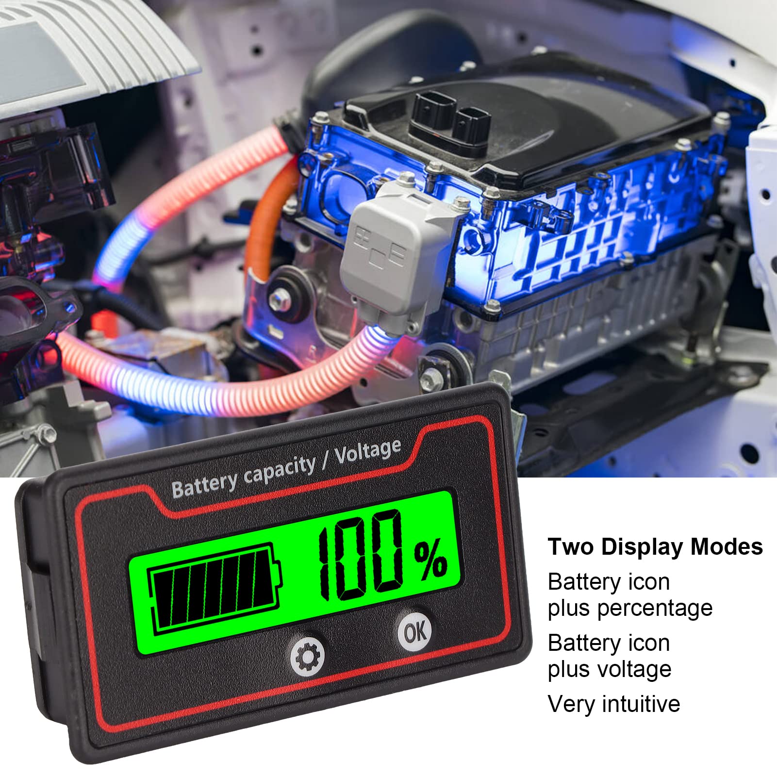Miernik Baterii, 12V 24V 36V 48V 72V 84V Miernik Napięcia Pojemności Baterii z Alarmem świetlnym, Profesjonalny Miernik Poziomu Baterii DC do Pojazdu Elektrycznego(Zielony)