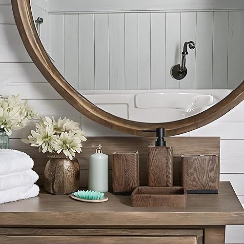 Miniatura 4 de Hymmah Juego de accesorios de baño con diseño de grano de madera, decoración de baño de granja, juego de regalo de resina de 4 piezas, necesidades