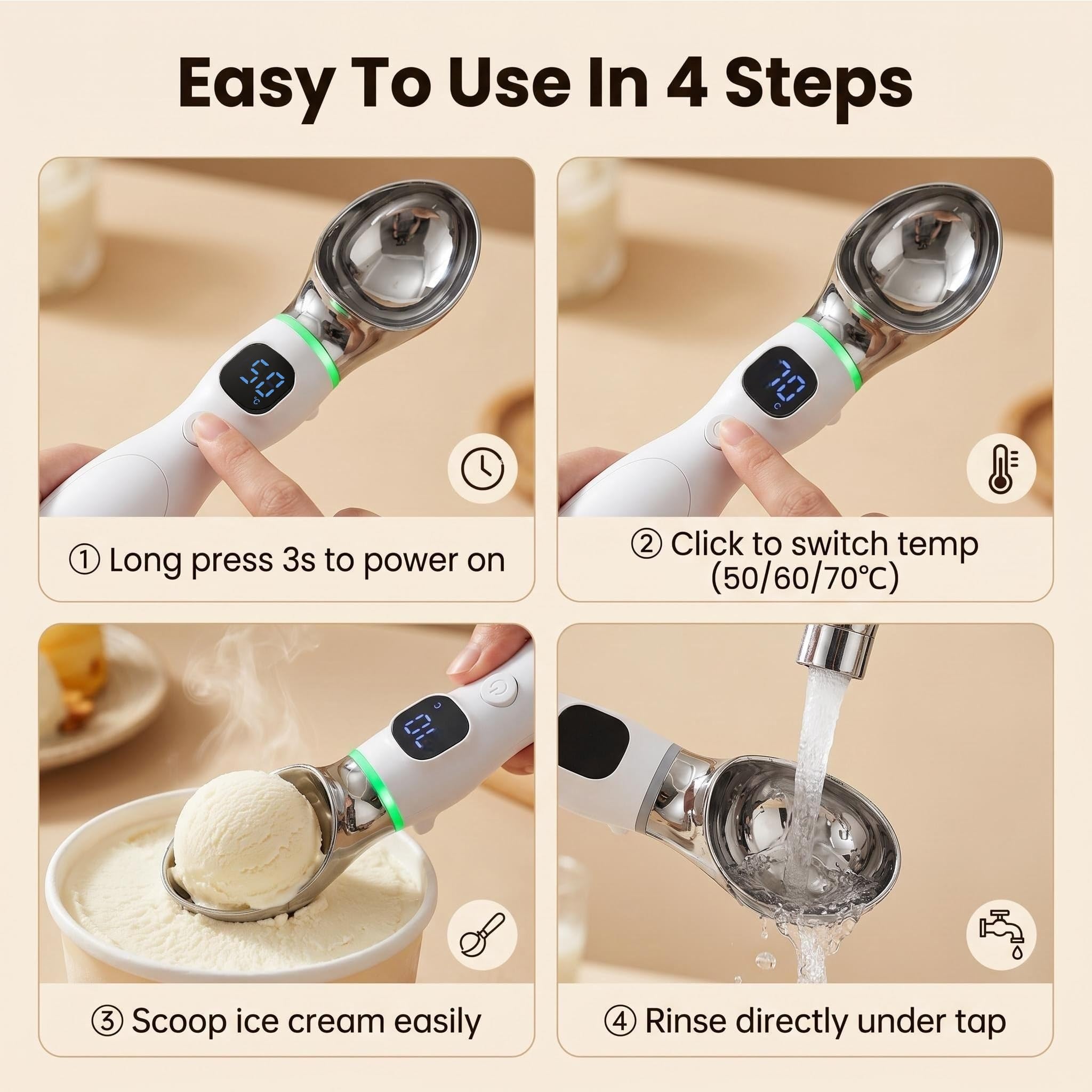 Cuillère à glace chauffante rechargeable, cuillère électrique chauffante avec écran LED et étanchéité IP67, chaleur réglable jusqu'à 70 °C pour crème glacée, gelato, sorbet, yaourt glacé, beurre ferme