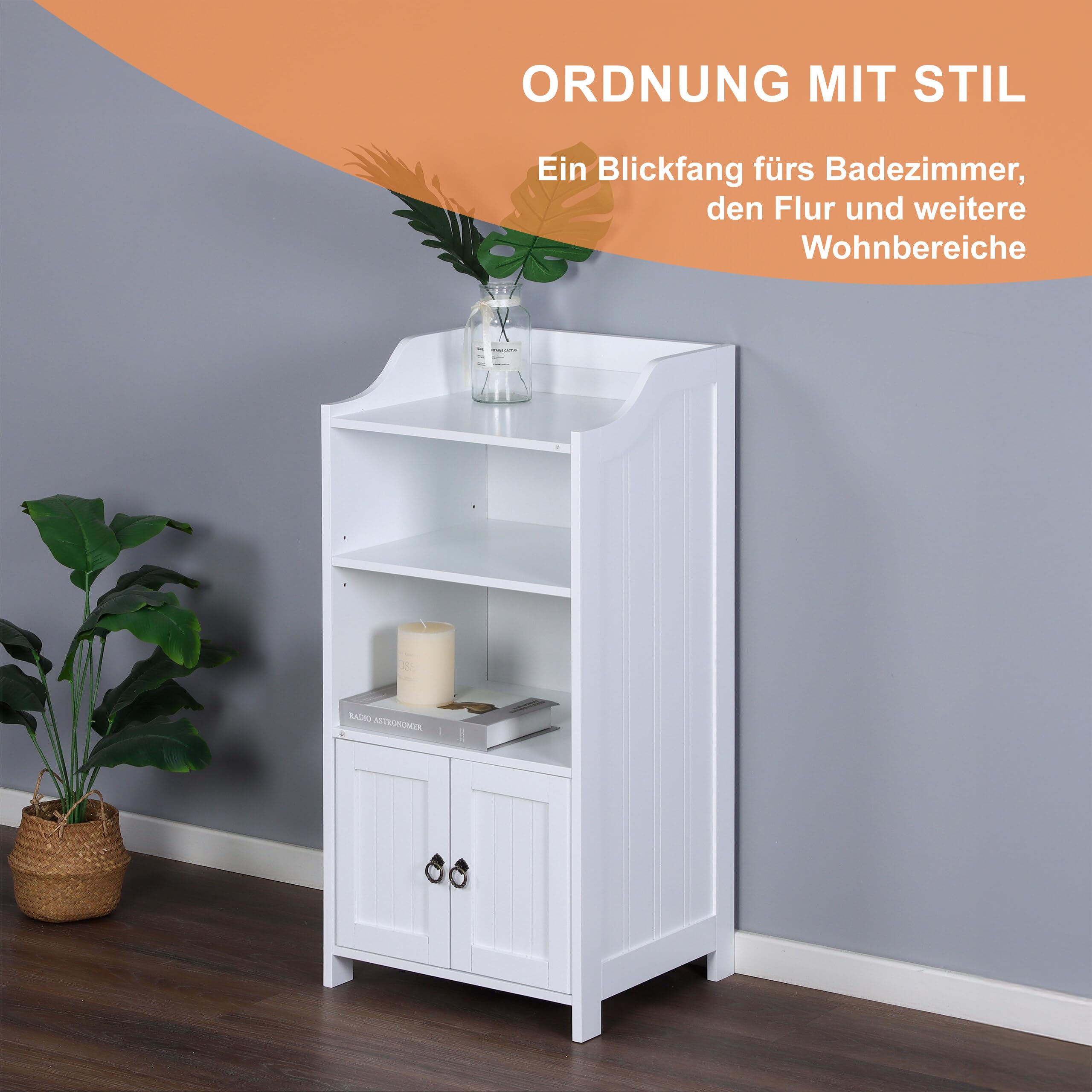 Relaxdays Badezimmerschrank, HxBxT: 86x40,5x36 cm, 4 Fächer, 2 Türen, MDF, schmaler Badezimmer Beistellschrank, weiß
