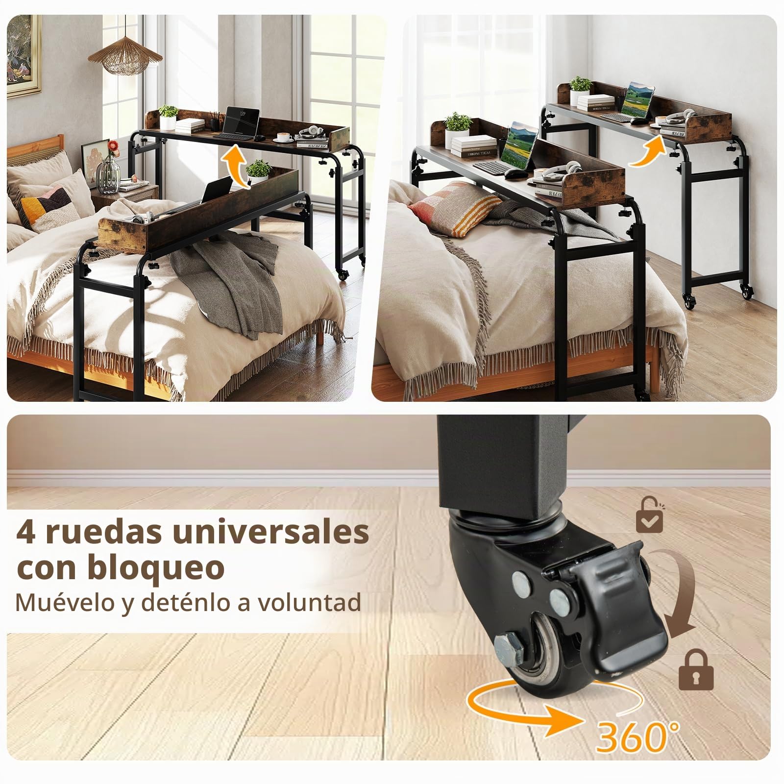 LIFEZEAL Mesa de Cama con Ruedas 117x35 cm, Café | Mesa Auxiliar con 4 Ruedas, Altura y Anchura Ajustables, Compatible con Varias Camas, para Dormitorio o Salón