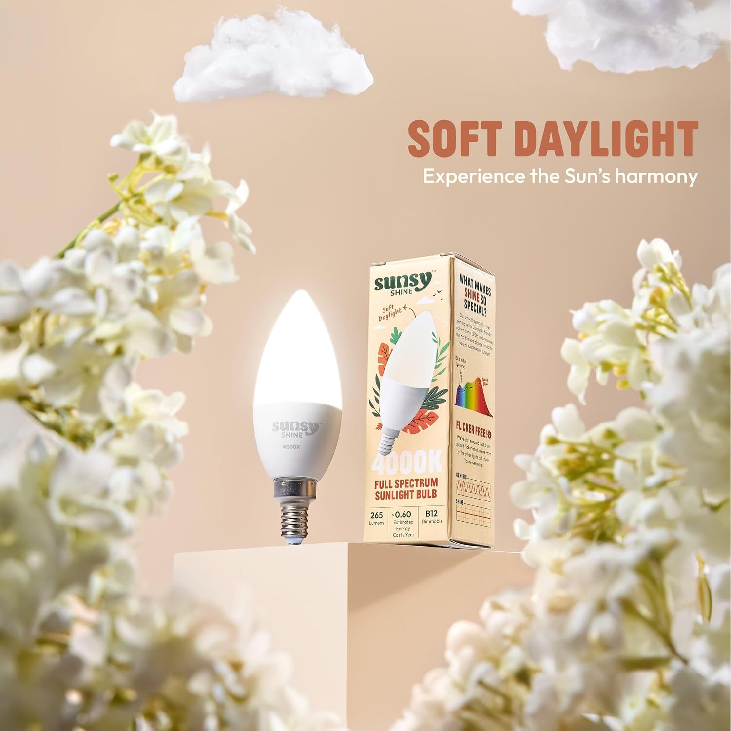 sunsy Shine - Full-Spectrum Flicker-Free B12 Sunlight Bulb for Humans - Boosts Energy, Mood, and Circadian Rhythm for Better Health - Near Perfect CRI - US-Based Company (4000K)