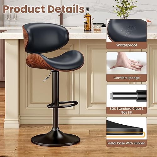Miniatura 5 de Juego de 2 taburetes de bar, taburetes de bar giratorios de altura ajustable Bentwood, silla de bar tapizada en piel sintética con respaldo y