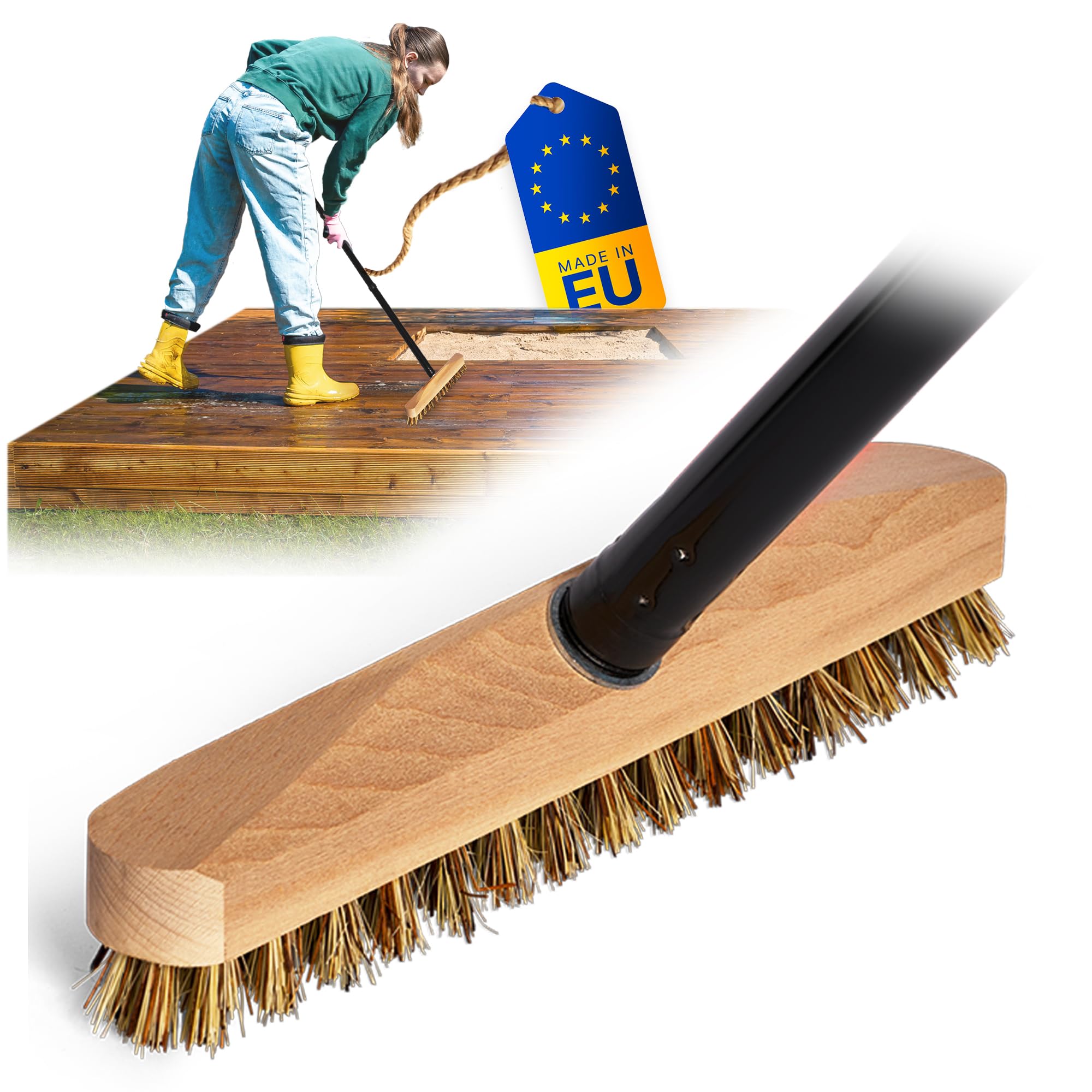 Novaliv Escobilla de madera con cerdas con rosca y mango de 4 piezas – Cepillo abrasivo Union – Cepillo de suelo ideal para limpieza de balcones, terrazas, jardines, interiores y exteriores