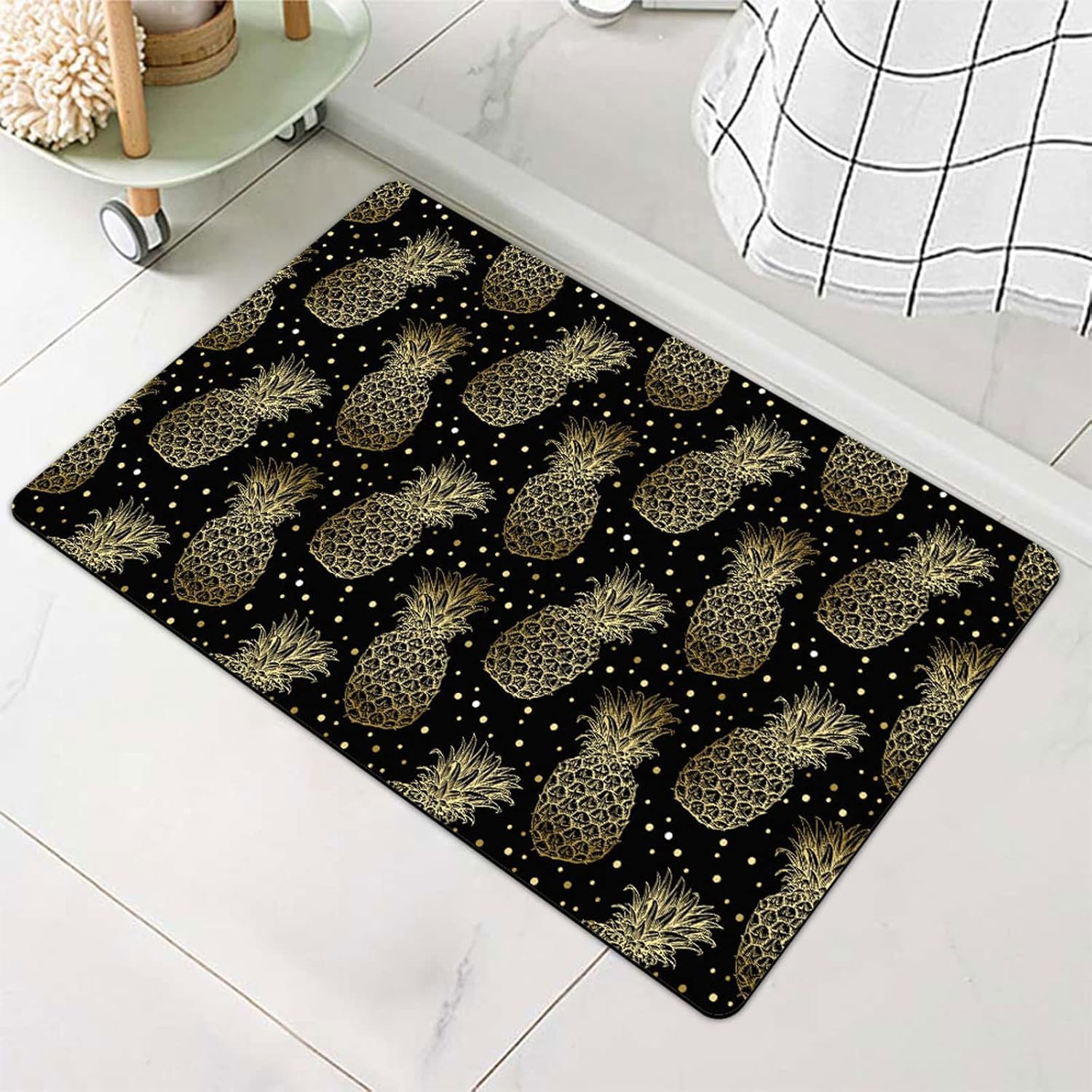 Bath Mat Rug-Polka Dot Pineapple Pattern Rubber Quick Dry Non Slip Super Absorbent Thin Bathroom Rugs Fit Under Door Washable Bathroom Floor Mats-Shower Rug for in Front of Bathtub,Shower Room,Sink