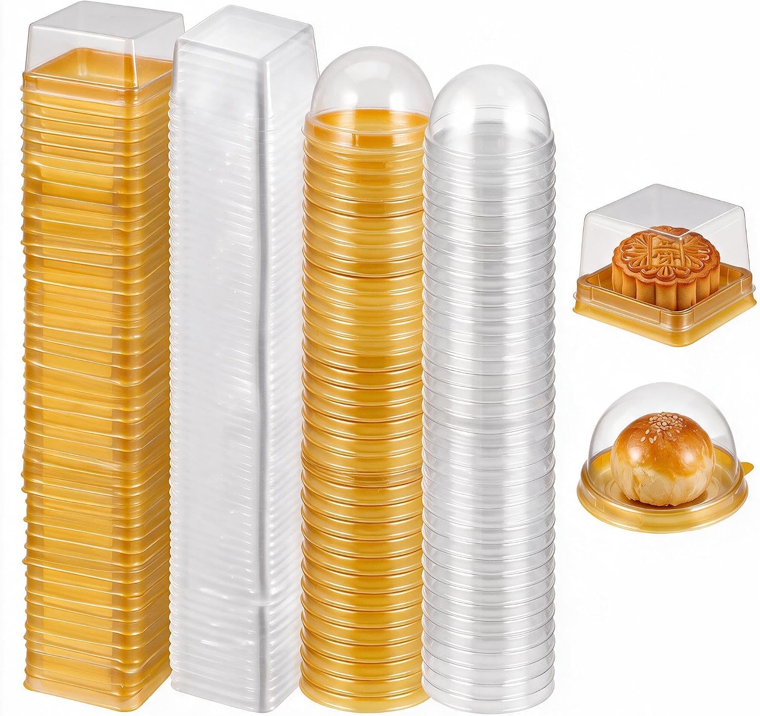 DOITOOL Clear Plastic Mini Cake Box 100 Pack Single Cupcake Container with Clear Lid Square Moon Cake Boxes Muffin Pod Dome Muffin Single Container for Holiday Wedding Birthday Supplies (Golden)