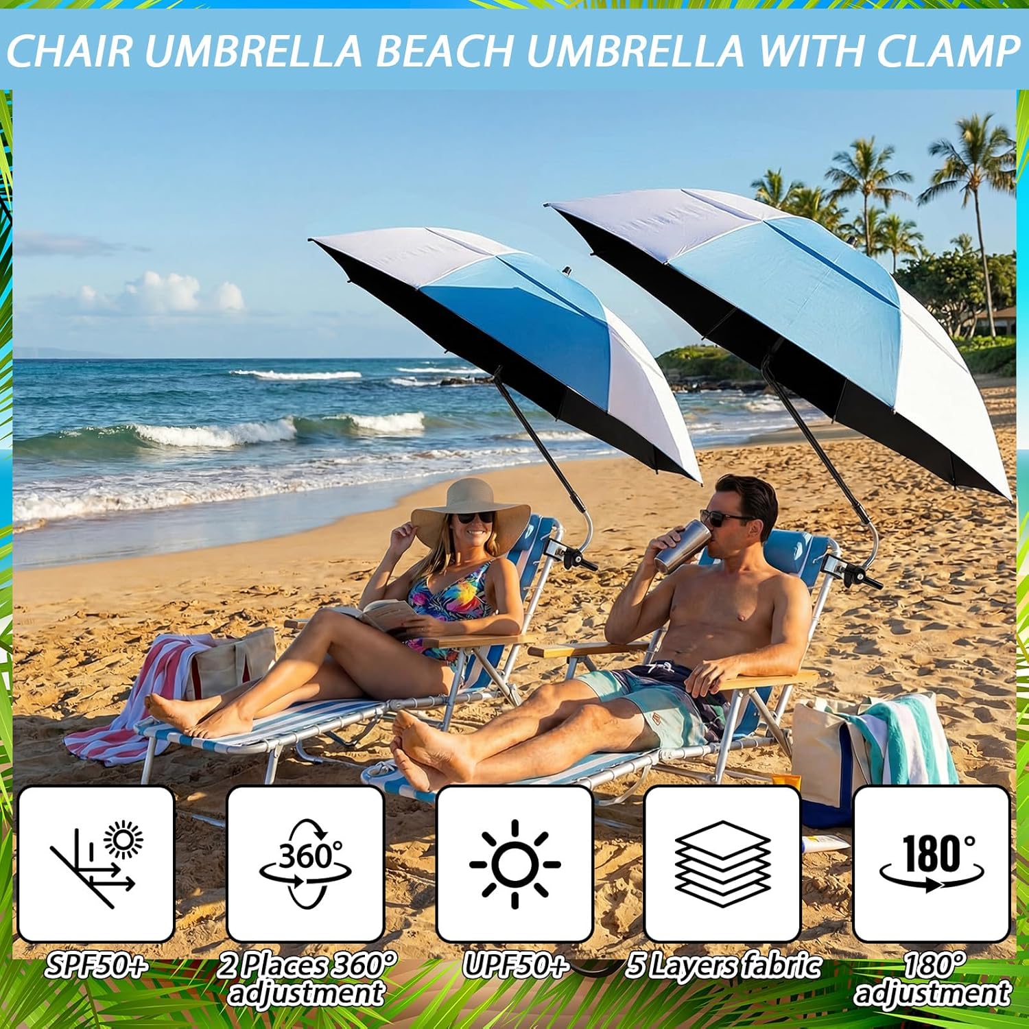 Abbylike 2 Pack 48.6" Double Canopy Umbrella with Clamp UPF50+ Beach Chair Umbrella with Clip 360°adjustable Portable Outdoor Wheelchair Patio Golf Carts Camping