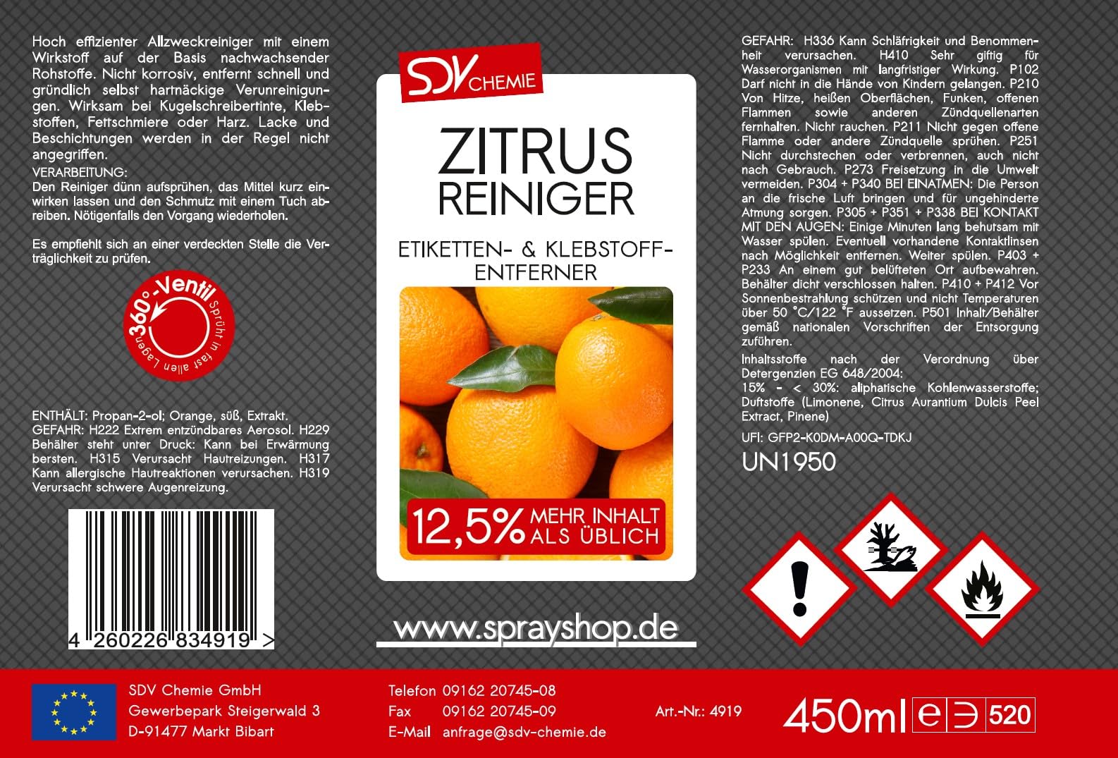 SDV Chemie Zitrusreiniger 3x 450ml Universalreiniger | Klebstoffreste, Teer, Nikotin Entferner