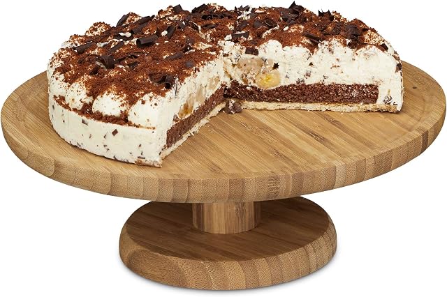 Relaxdays Round Cake Stand, 33 cm, Bamboo, with Pedestal Foot, Size: ca 11.5 x 33 cm, Natural Brown
