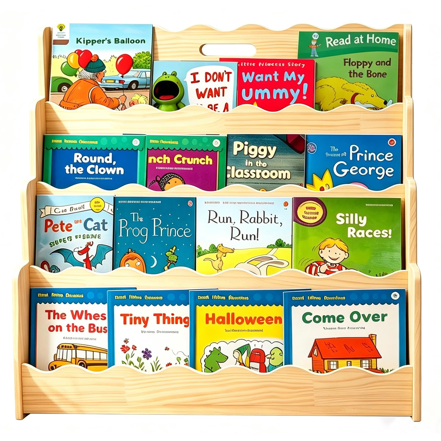 LINMAGCO Scalloped Kids Bookshelf, 4-Tier Montessori Toddler Bookcase, Front-Facing Book Organizer with Handle, Solid Pine Wood, Nursery Book Shelves for Bedroom Playroom Classroom & Reading Corner