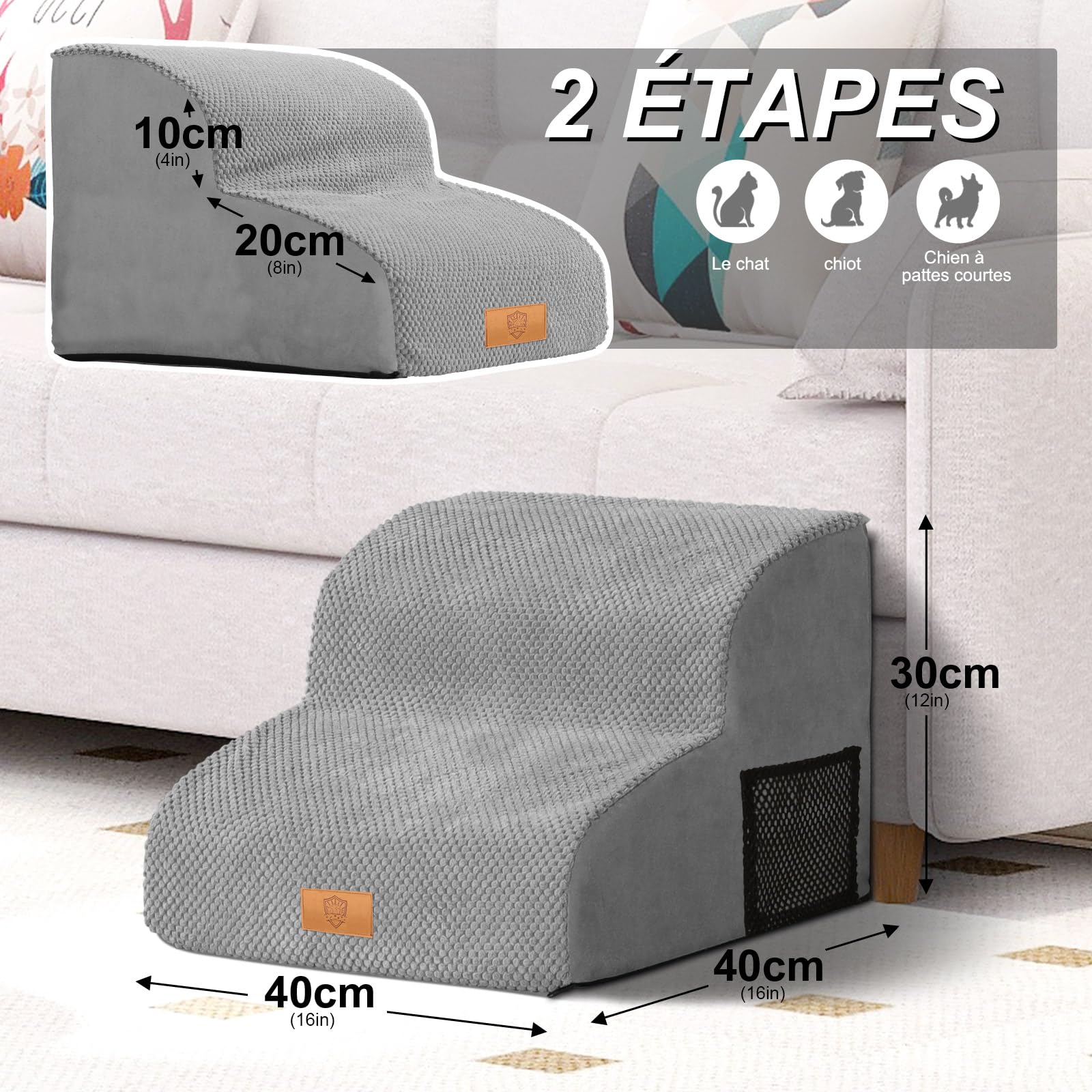Masthome Escaliers pour Chiens à 2 Marches en Éponge Haute Densité, Rampes Inclinés pour Chien avec Housse Rembourrée Lavable, Echelle Antidérapante pour Chiots et Animaux Agés
