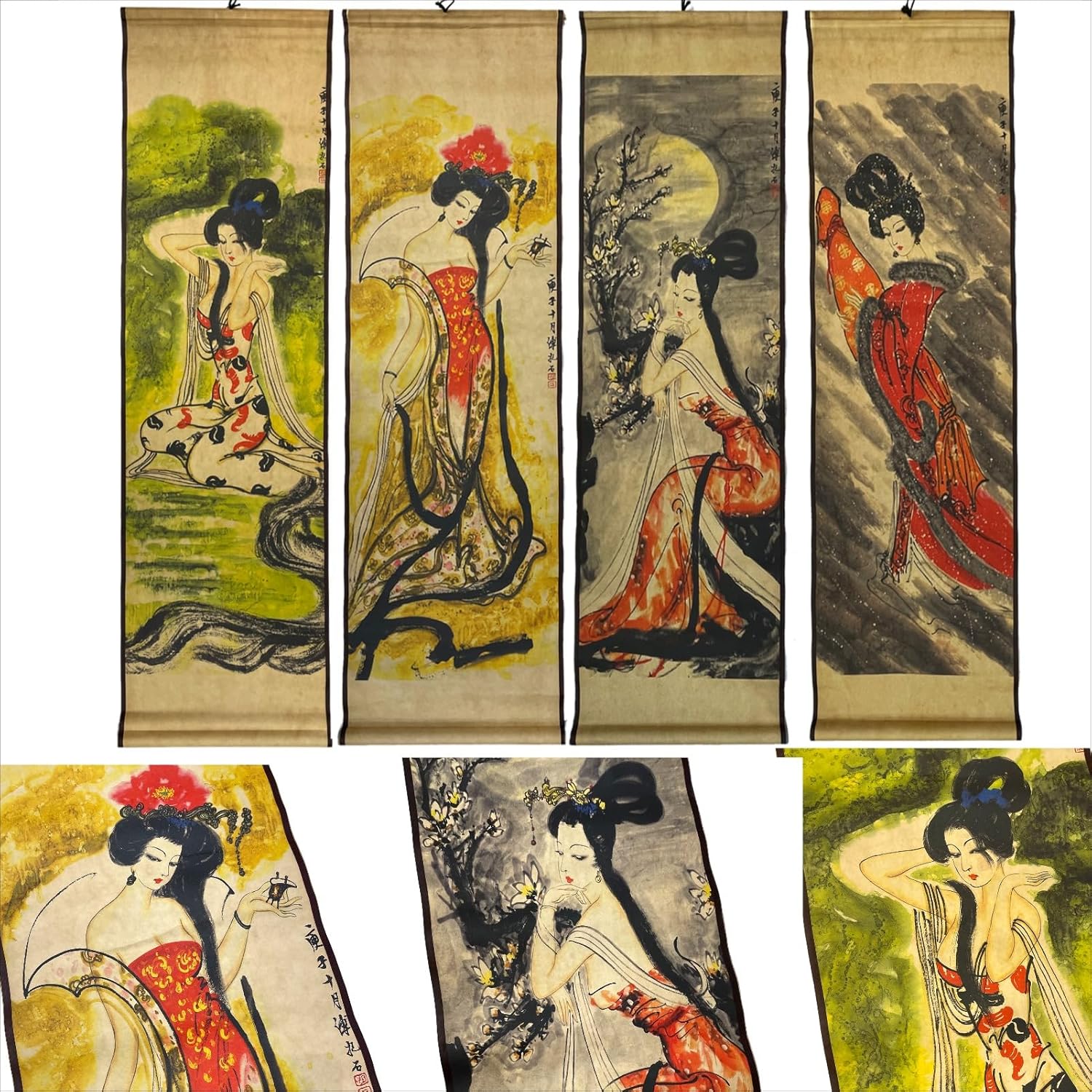 4 Panels Large Size Wall Scroll Hanging Paper Painting Reproduction Beauty Asian Art, for Feminism Bedroom Room Decor Ancient Oriental (4X14.2x49Inches)