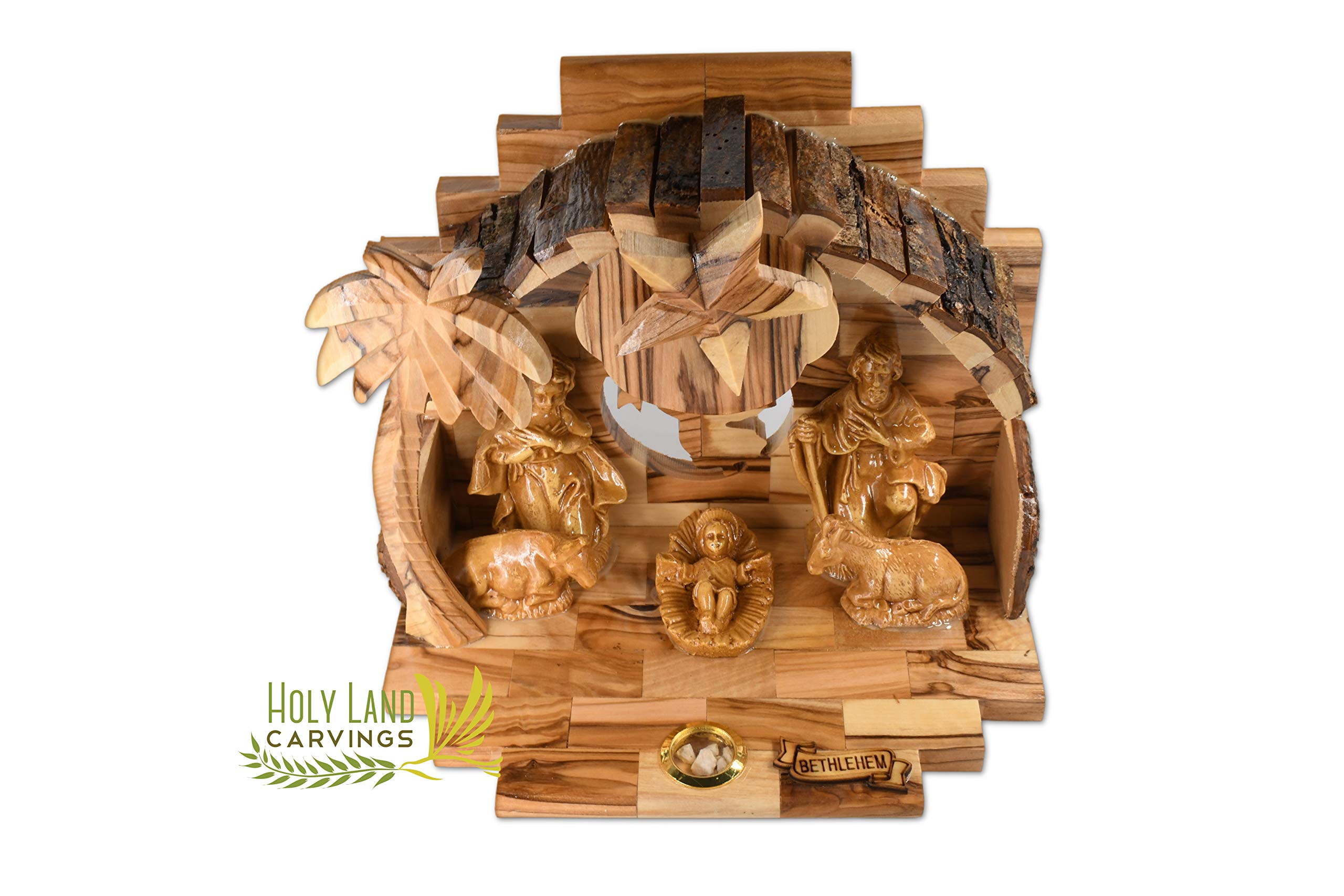 Generic Wooden Nativity Set with Bark Roof Made of Olive Wood in The Holy Land - Christmas Nativity for Home Décor - Christmas Nativity Scene Set
