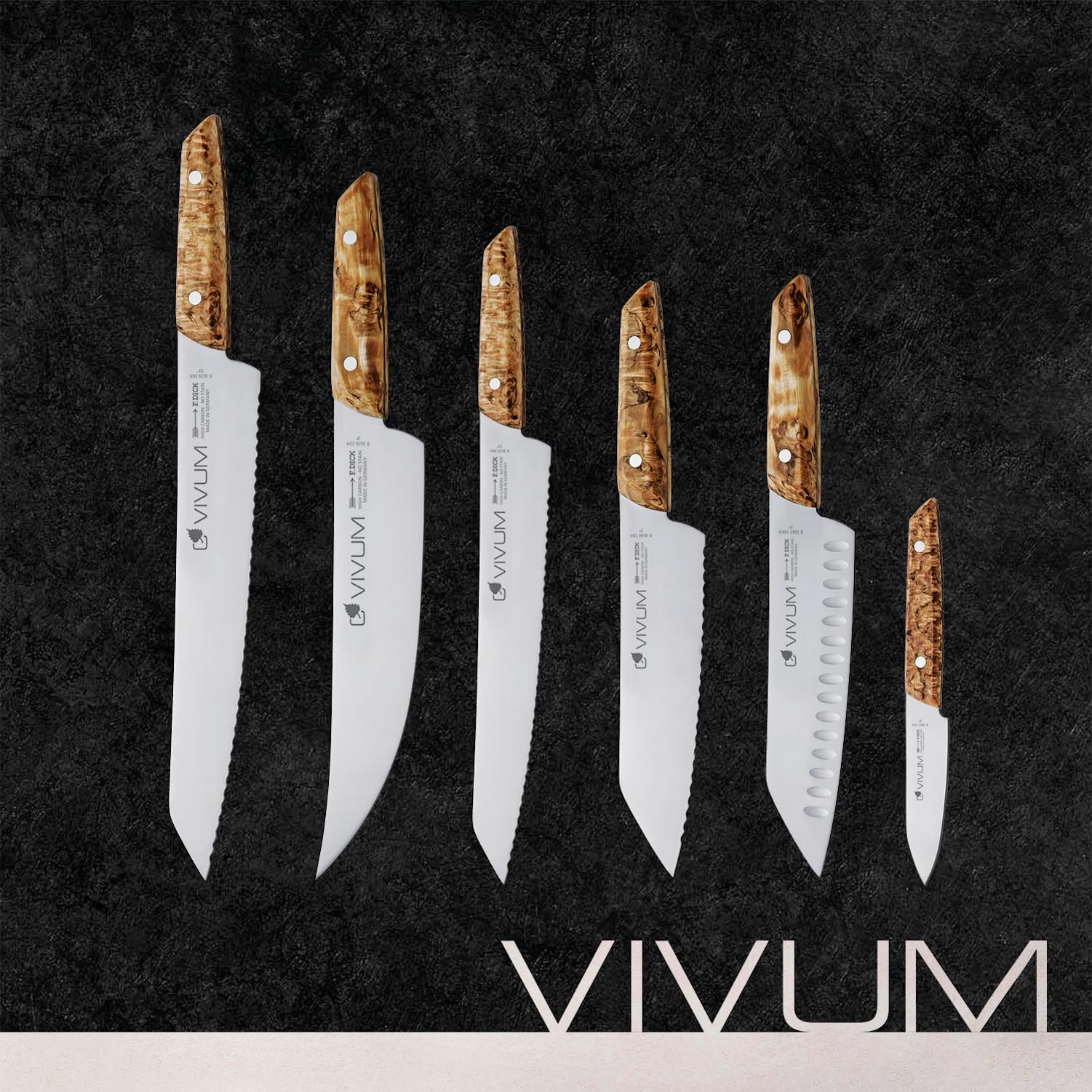 F.DICK Couteau de chef VIVUM (couteau de chef avec lame de 21 cm, avec manche en bois de bouleau, 58 HRC, tranchant incurvé, couteau de cuisine) 83647212H, Black