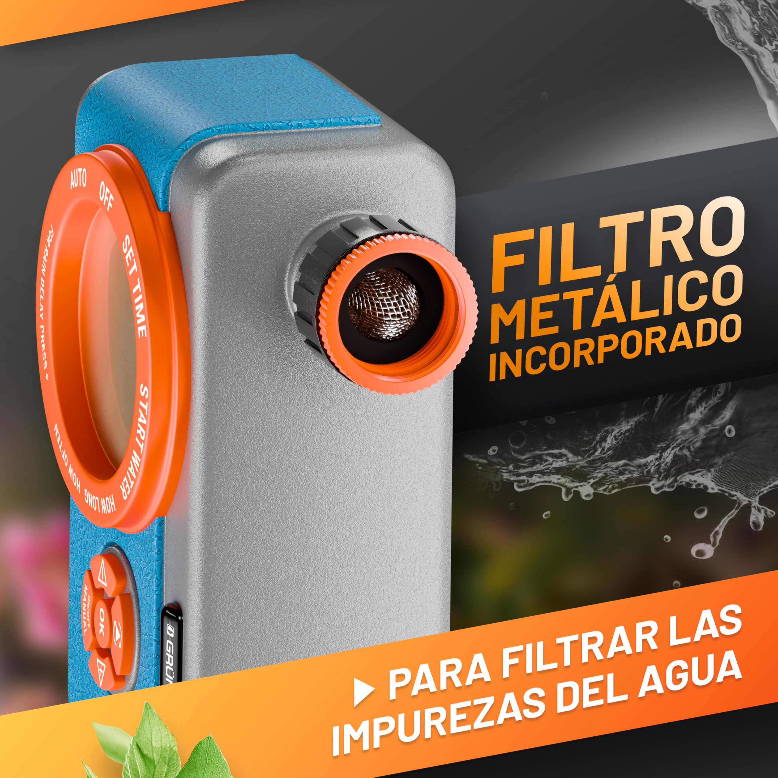 GRÜNTEK Programador de Riego Jardín con Temporizador Automático - Aspersor con Programa multifunción y duración de 1 a 360 min. Gris, naranja, Azul