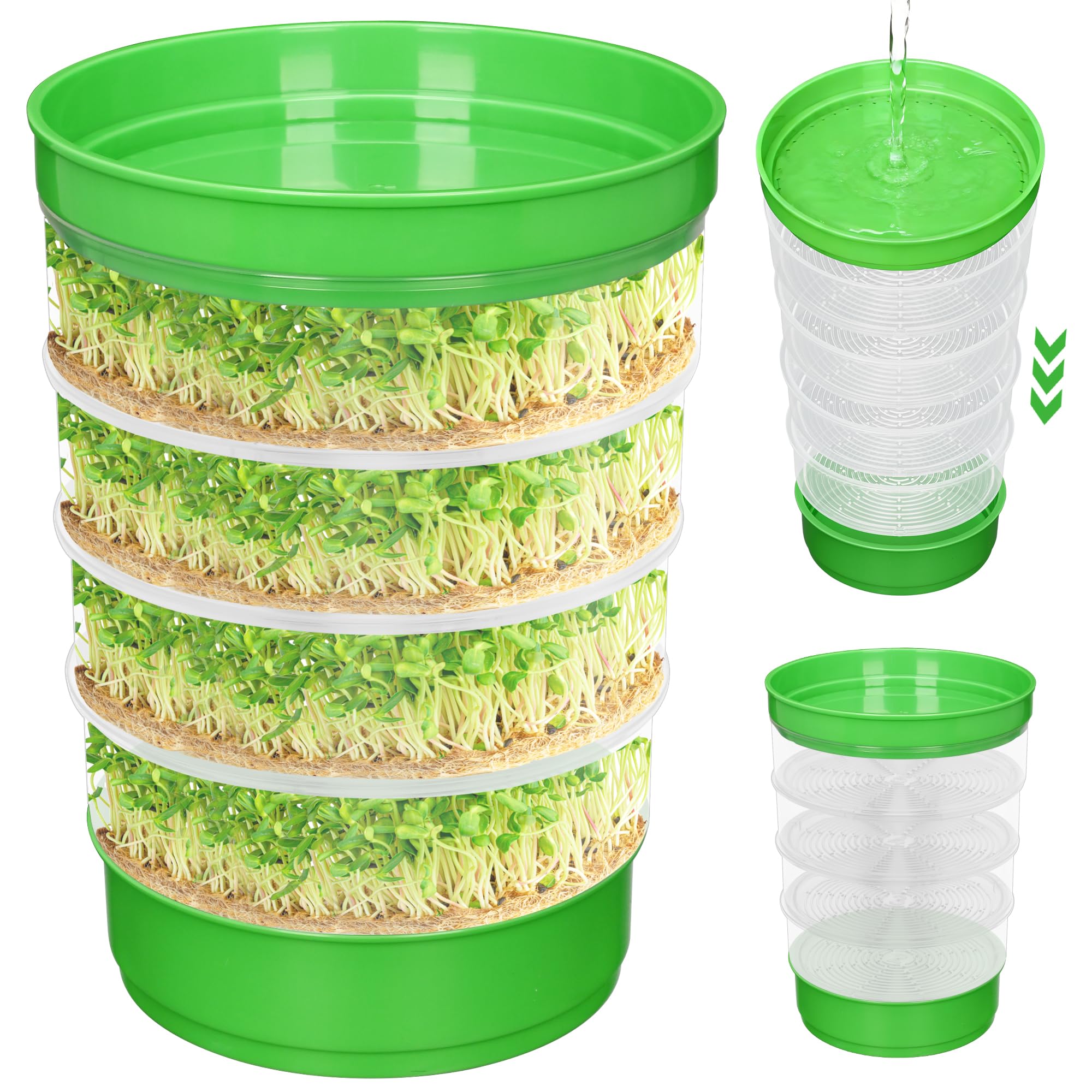 ohbien 4 Tier Microgreens Growing Kit Stackable, Round Kitchen Seed Sprouter Kit with Drain Holes and Tray High Budding Rate Seed Sprouter Tray Easy to Store for Sprouts Beans Broccoli Alfalfa Seeds