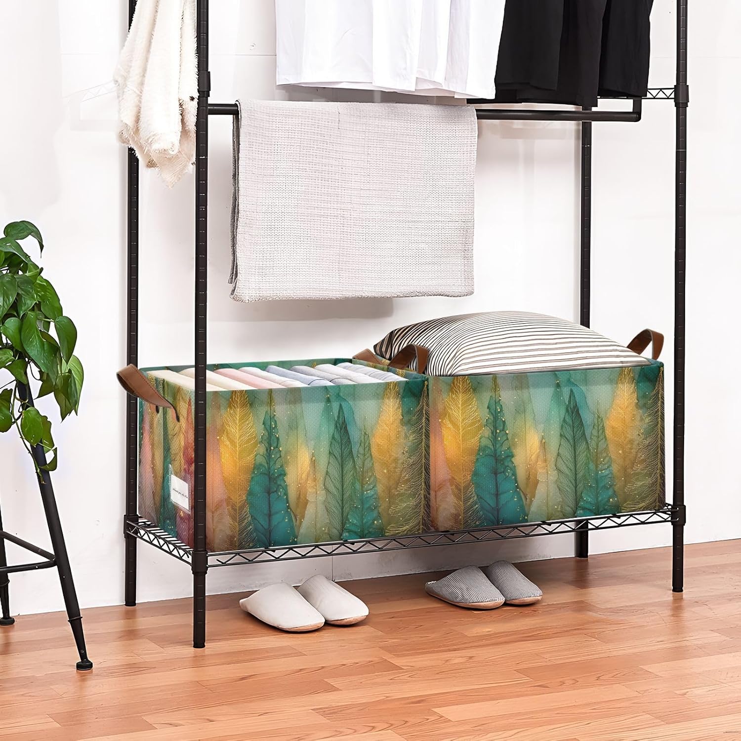 Art Forest Print Storage Baskets 2 Pack with Foldable Steel Frame Water Resistant Cloth, Home Office Cube Organizer 16.9×11.4×10 inches