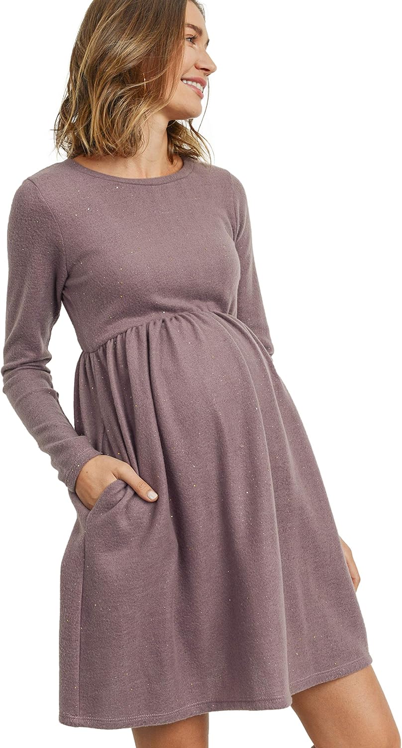 HELLO MIZ Women's Maternity Sweater Knit Dress with Pocket (Purple Glitter, S)