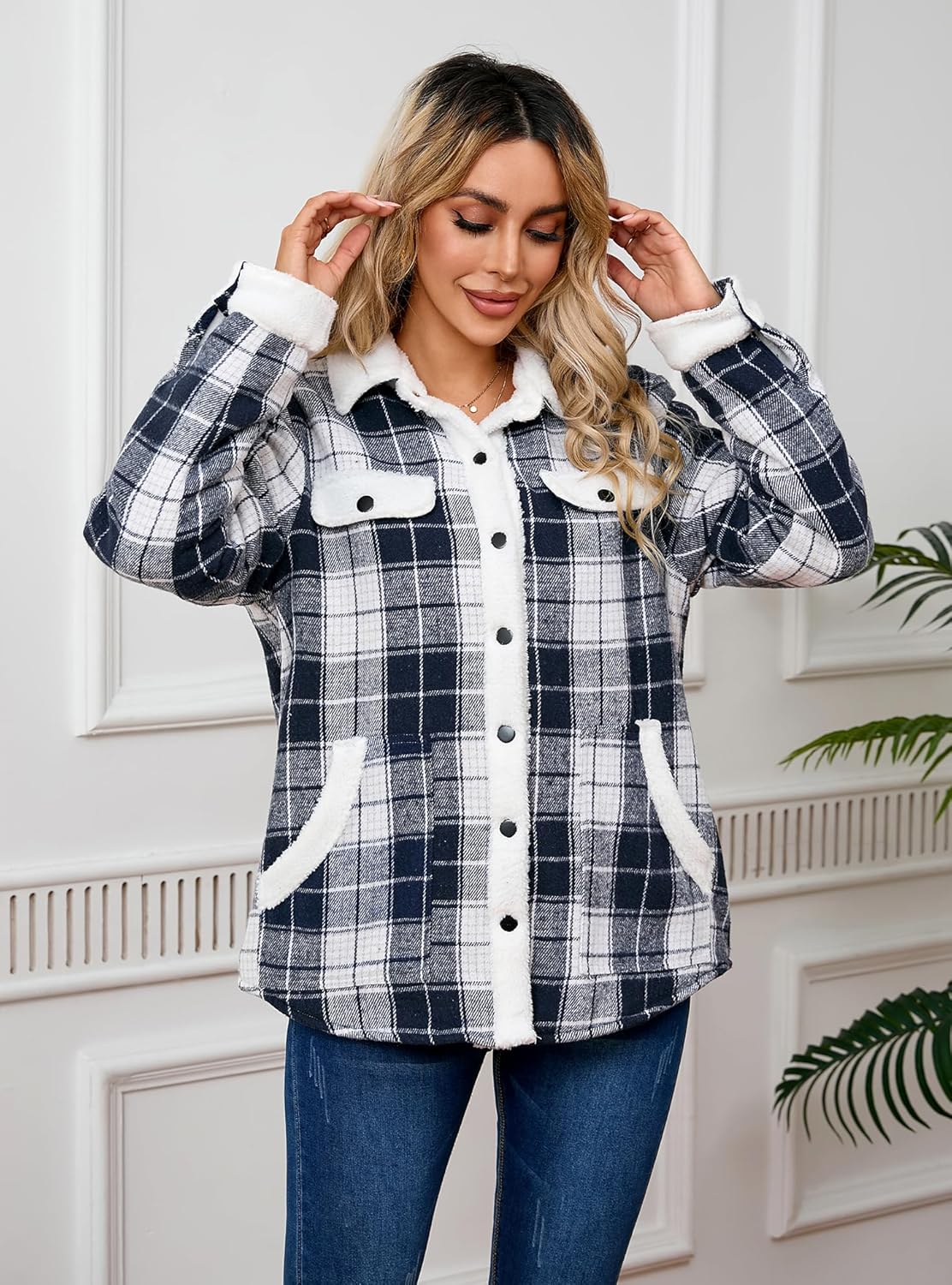 Women's Sherpa Lined Jackets Sherpa Turn-Down Collar Warm Winter Fleece Flannel Jacket for Women Trendy - Image 6