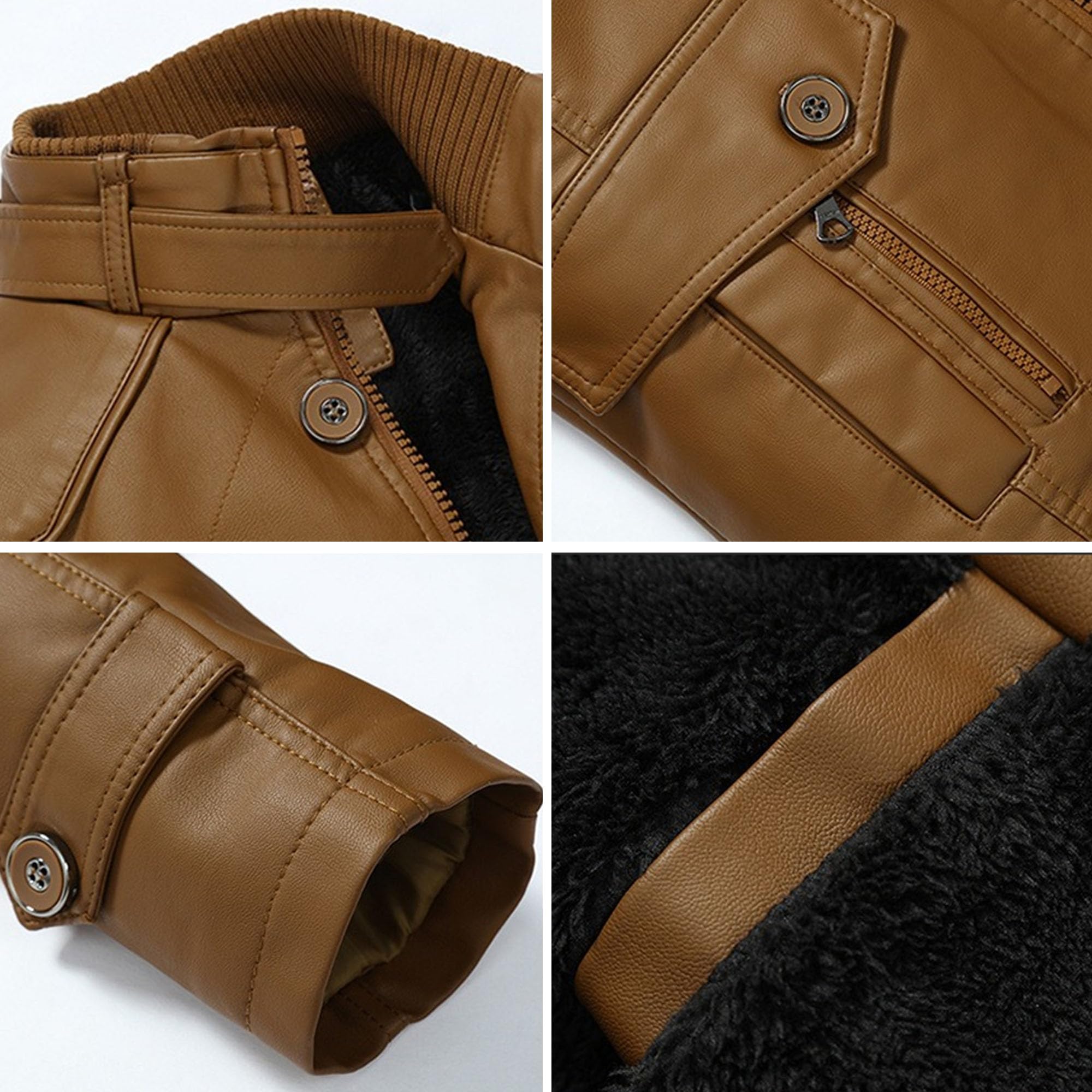 Giacca esterna da uomo in pelle sintetica PU con fibbia e colletto alla coreana | Fodera interna spessa e calda, tasche multiple con cerniera, per equitazione, lavoro, viaggi quotidiani
