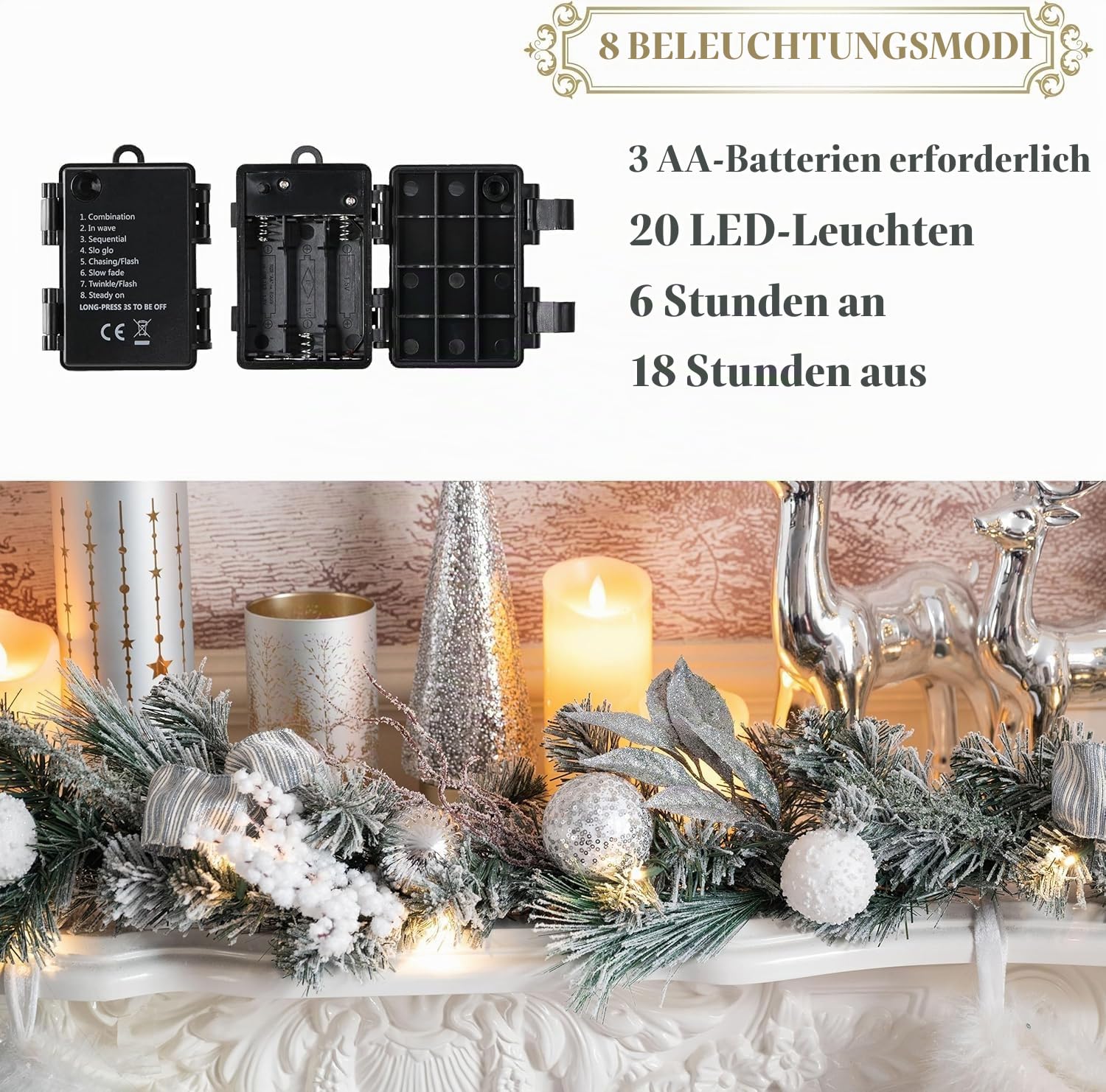Valery Madelyn 183CM/6ft Weihnachtsgirlande mit 20 LED Timer, künstliche Tannengirlande Weihnachtsdeko, mit Kugeln Bogen für Treppe Tisch Kaminsims Haustür,Silbern Weiß