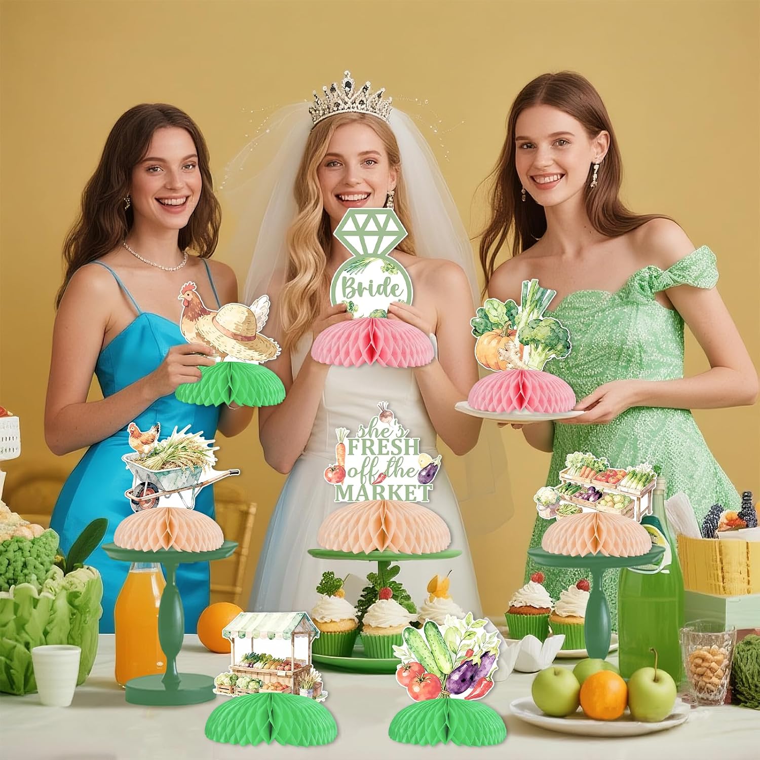 8 Pieces She’s Fresh Off the Market Bridal Shower Honeycomb Centerpieces - Vegetable Farmers' Market Bachelorette Party Decorations, Double Sided Table Toppers for Wedding Engagement Party