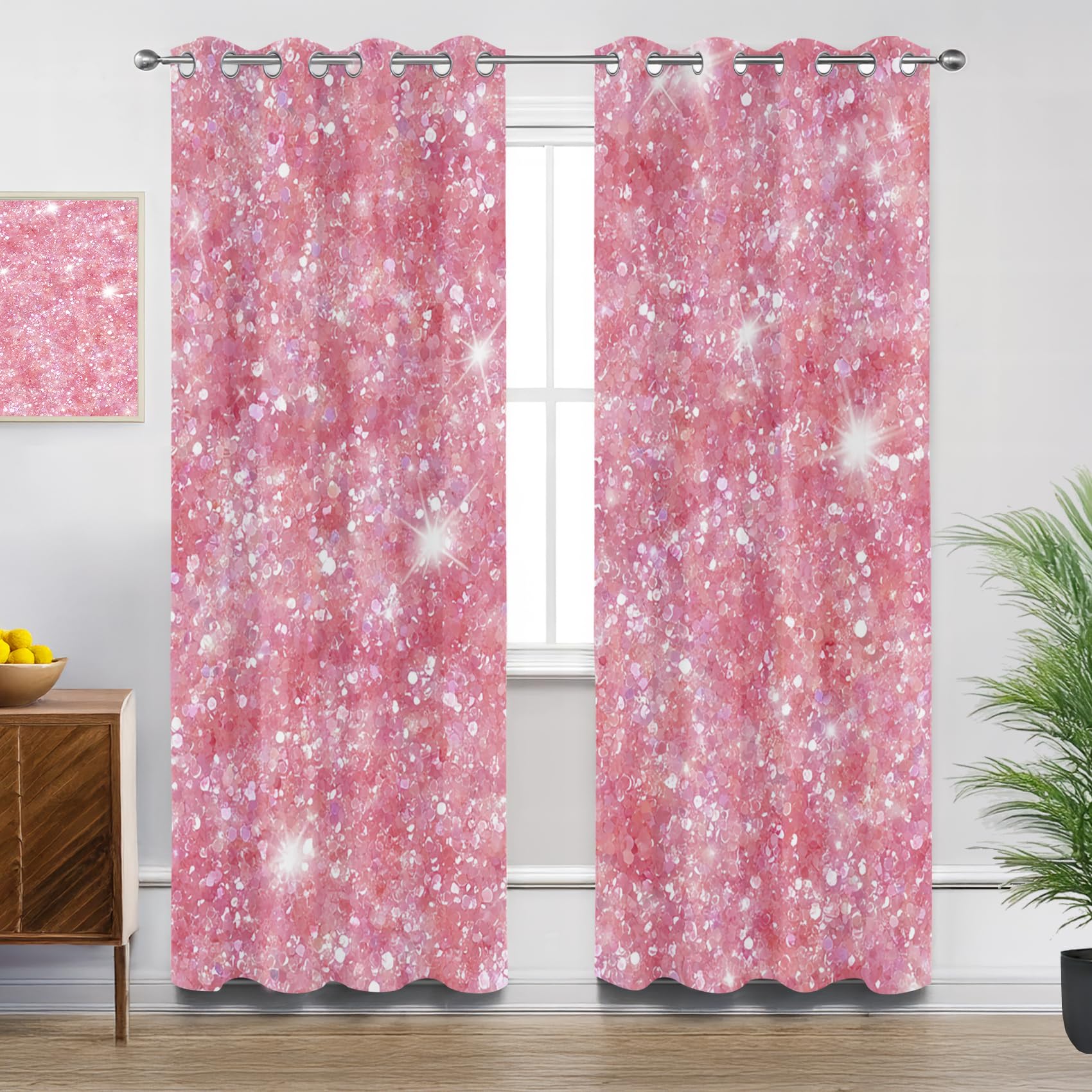 Mistela Pink Curtains for Living Room, Pink Glitter Blackout Curtains Thermal Insulated Extra Long Bedroom Curtain Eyelet, W90 X D108, 2 Panels Drapes Home Decorations