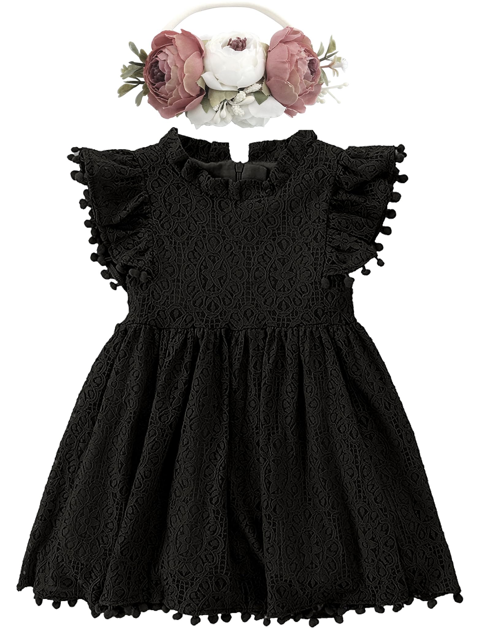 BGFKS Baby Girl Tutu Dress Elegant Lace Pom Pom Flutter Sleeve with Flower Headband Set