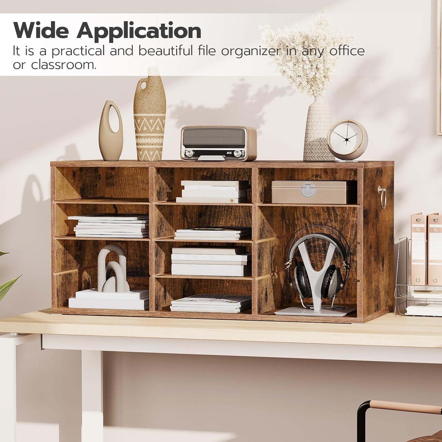 HOOBRO Countertop Mail Sorter Organizer, Wooden Literature Organizer, Student Mailbox for Classroom, Desktop Bill Organizer for Office Home School, 12 Compartments Rustic Brown FG43WF01