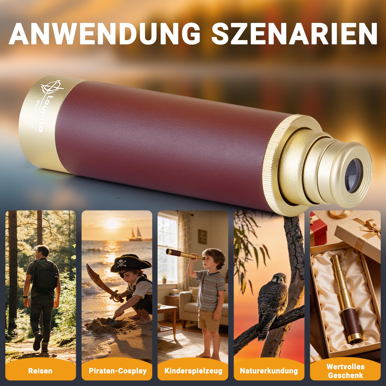 Retro Pirat Teleskop Monokular mit Schatzkarte 25x30 Zoomable Vintage Kapitän Jack Spyglass BAK-4 Linse Fernrohr Kinder Faltbar Tragbar Pocket Monokular für Outdoor Camping