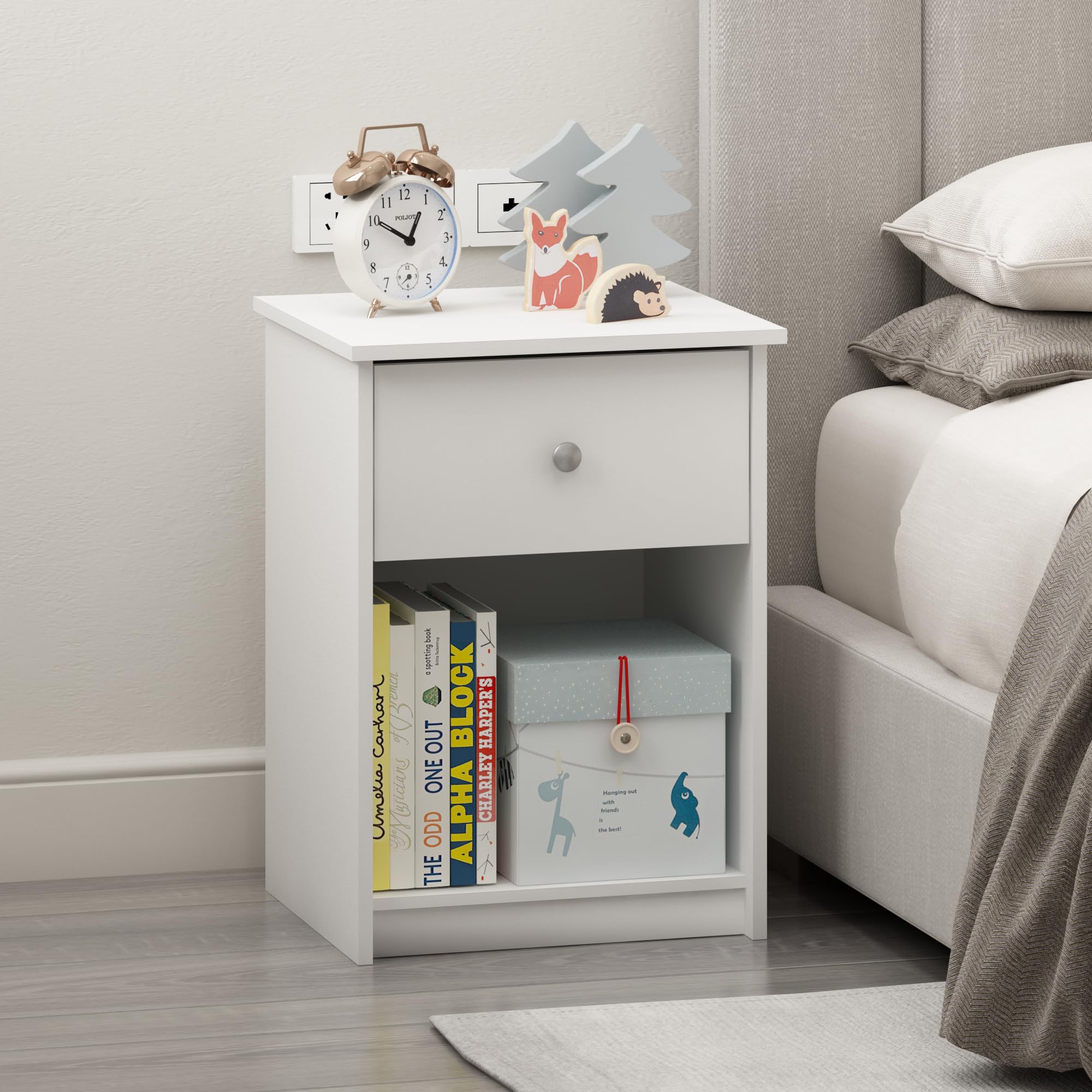 Furinno TIDUR Night Stand, Nightstand with Drawer, Bedside Table, End Table, Side Table with Storage Shelf, Knob Handle Drawer, for Bedroom, Living Room, Plain White