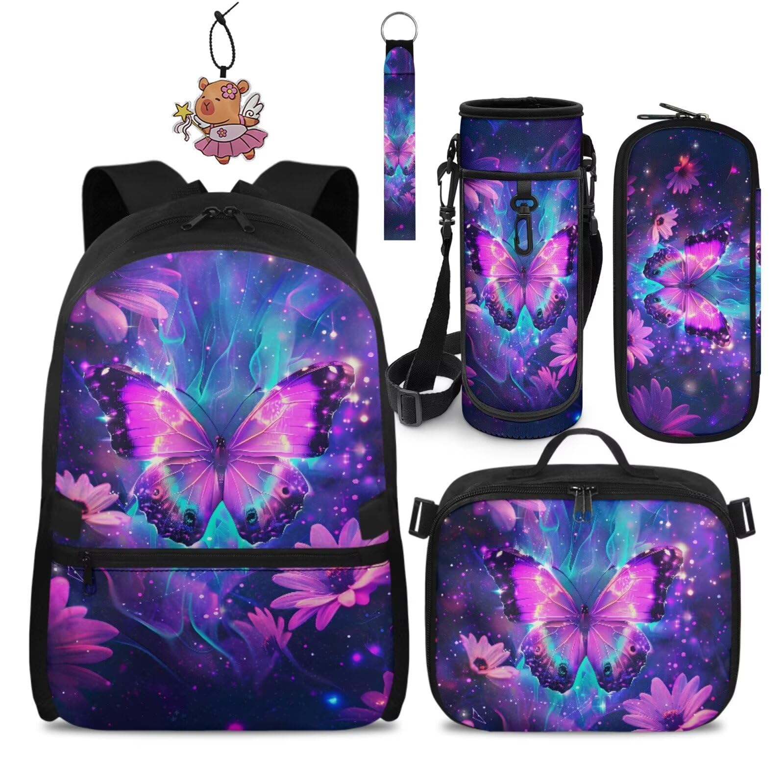 COEQINE Mochila escolar para niños, juego de mochila escolar con fiambrera, estuche para lápices, llavero, bolsa de libros para niñas de 4 a 12 años, Mariposa púrpura galaxia nebulosa, M, Diseñador