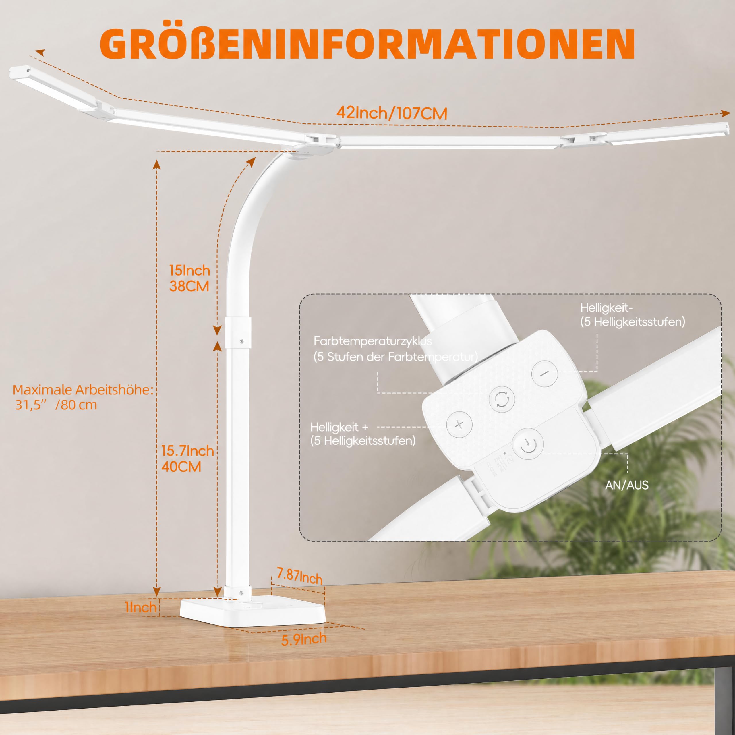 TANTU Lampa biurkowa LED, ściemniana, 24 W, 80 cm, z funkcją ładowania, bezprzewodowa ładowarka, funkcja ładowania USB, lampa architektoniczna, lampa stołowa, 5 temperatur barwowych, 5 poziomów jasności, czarna lampa biurowa