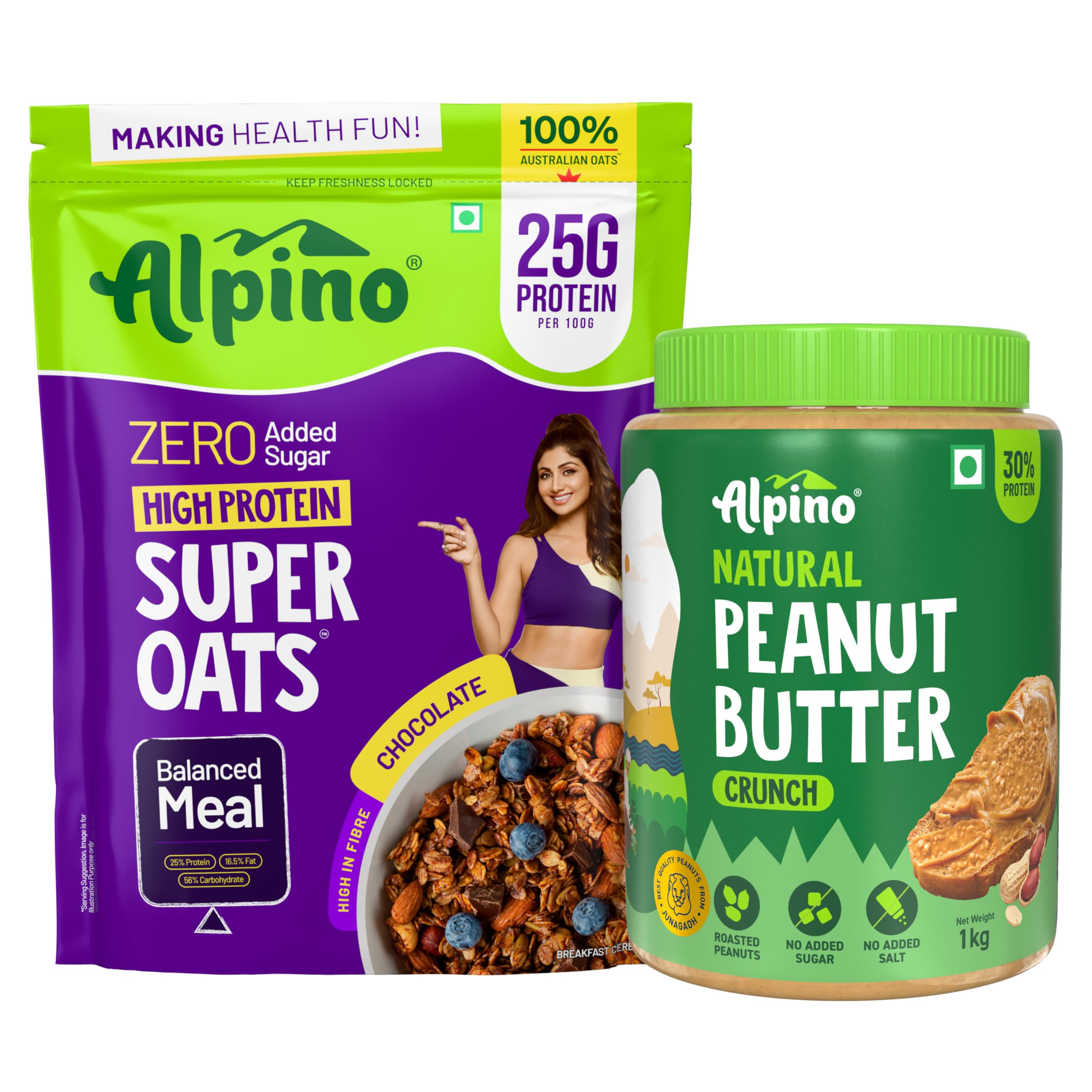 Alpino Pre-Workout High Protein & Fiber Diet Super Combo - High Protein Super Oats Chocolate 1kg, Natural Peanut Butter Crunch 1kg