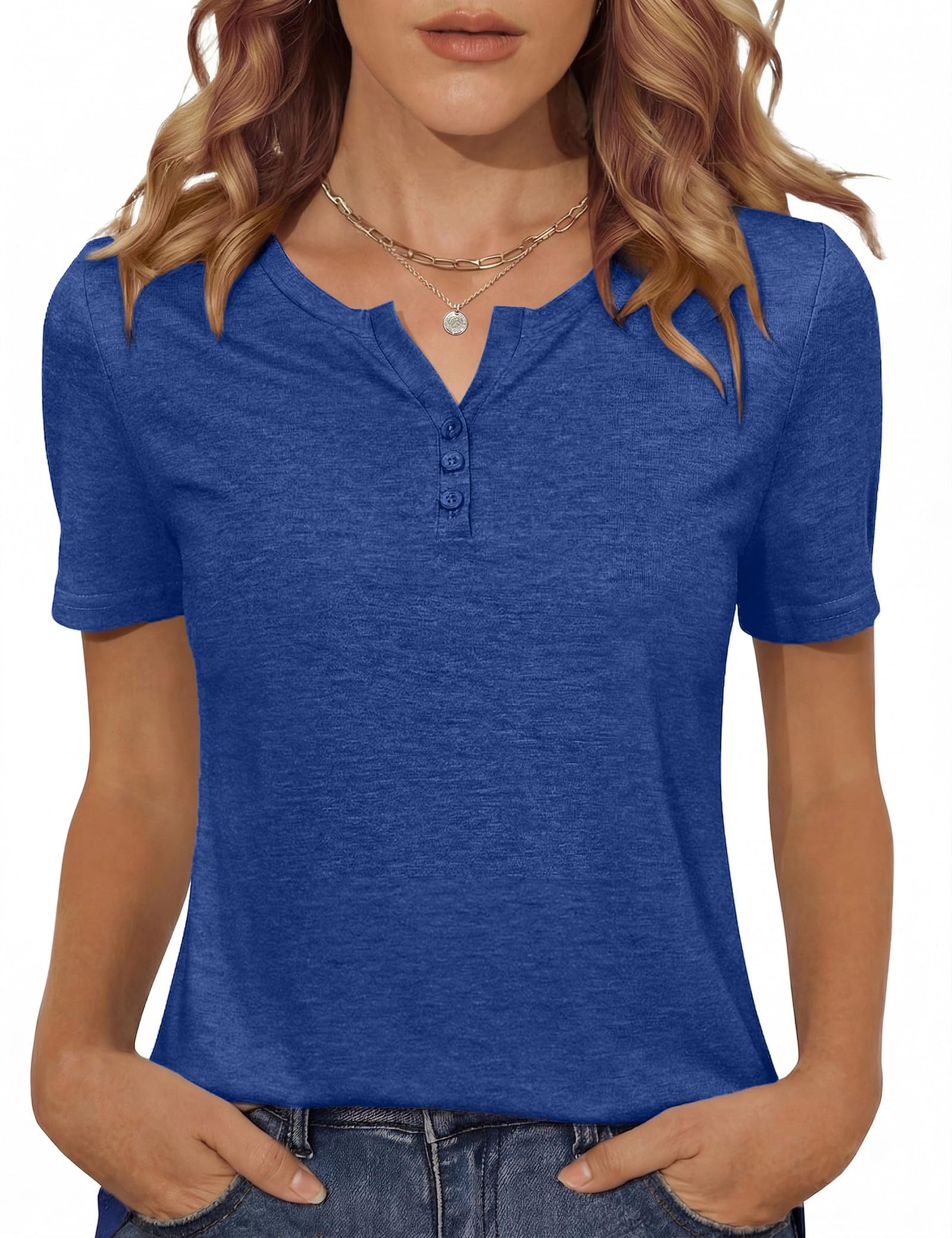 Totatuit Damen T-Shirt V Ausschnitt Kurzarm mit Knopfleiste Basic Henley Shirt Einfarbig Sommer Oberteil Casual S-XXL