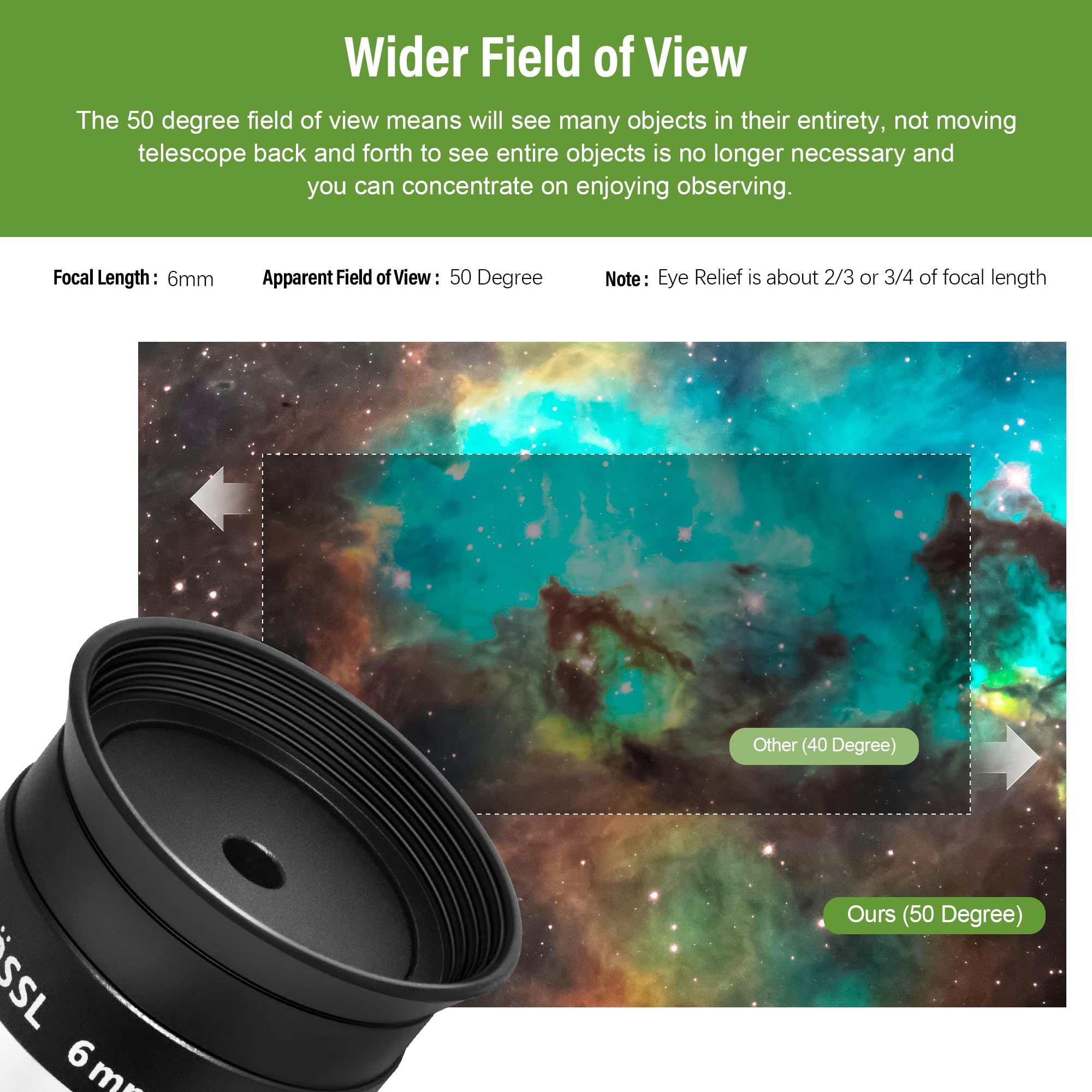Astromania Plossl Oculaire de télescope – 4-Element Plossl Design – Filetage pour filtres Standard 3,2 cm Astronomie, 1.25" 6MM
