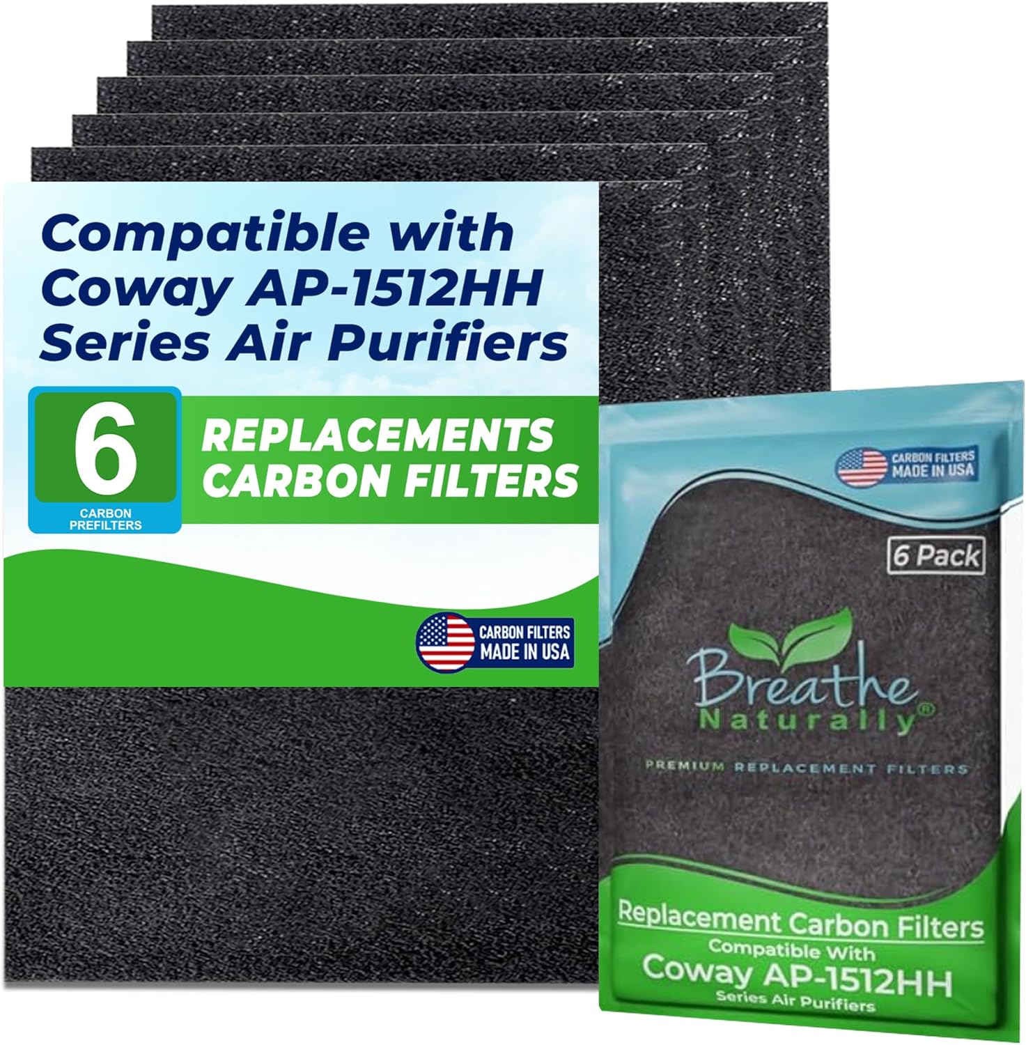 Breathe Naturally Replacement Filter Compatible with Coway AP-1512HH Series Air Purifiers - Air Purifier Carbon Filter - Activated Charcoal Filter Sheets - 15”x13”x0.2” (Pack of 6 Carbon Prefilters)