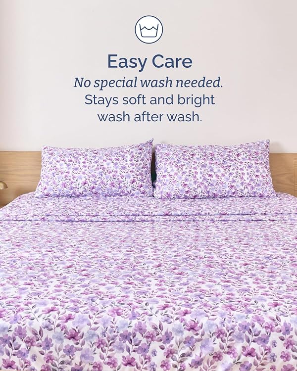 Full 4 Piece Floral Sheet Set - Soft, Breathable & Cooling - Purple Bloom by CGK Unlimited - Used condition - Image 7