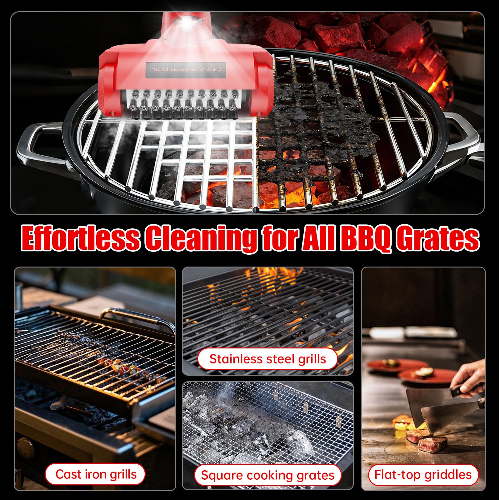 Spazzola elettrica per barbecue, pulitore BBQ motorizzato ricaricabile, setole in acciaio inox 700-800 giri/min, testa rimovibile 304, illuminazione LED, per griglie in ghisa e uso esterno