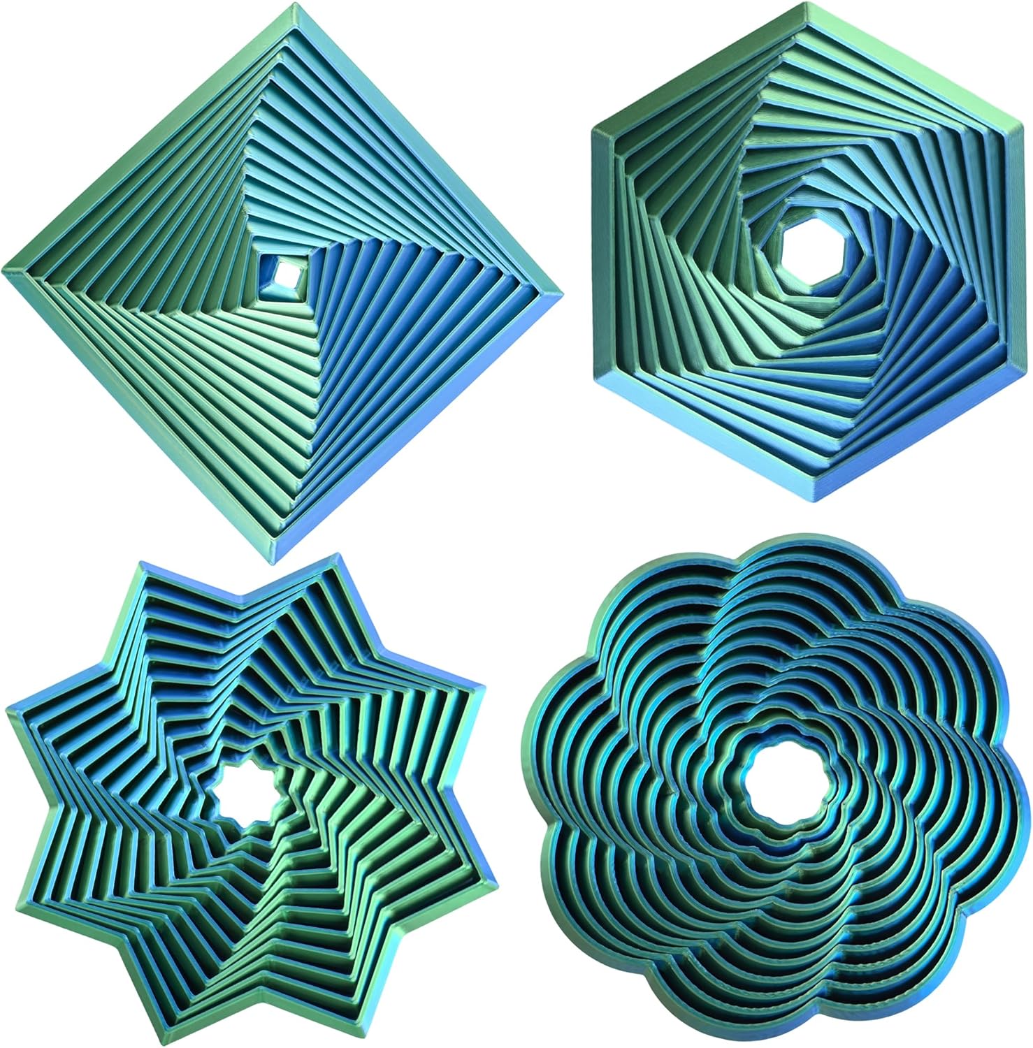 4PCS 3D Printed Fractal Whirling Fidget Toys, Geometric Spiral Sensory Toy Pack, Stress Relief ADHD Focus Desk Toys, Optical Illusion Kinetic Decor, Gifts for Kids Adults(Blue Green)