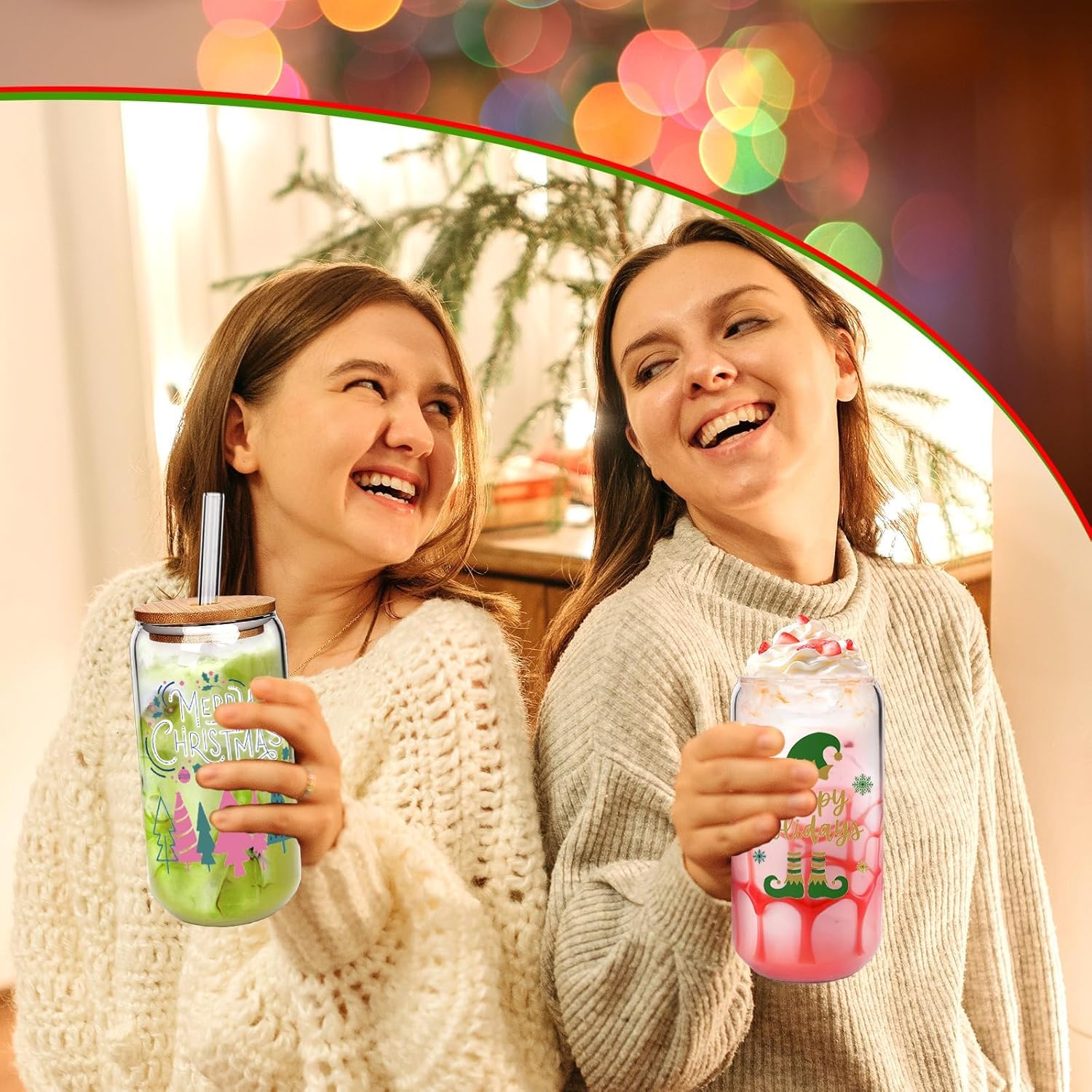 Mason Life Christmas Coffee Cups with Lids and Straws, 18OZ Drinking Glasses, Iced Coffee Glasses Cup, Smoothie Tumbler Glass, Valentine Gift for Women Girls Friends, 4 Sets (Colorful) - Image 7