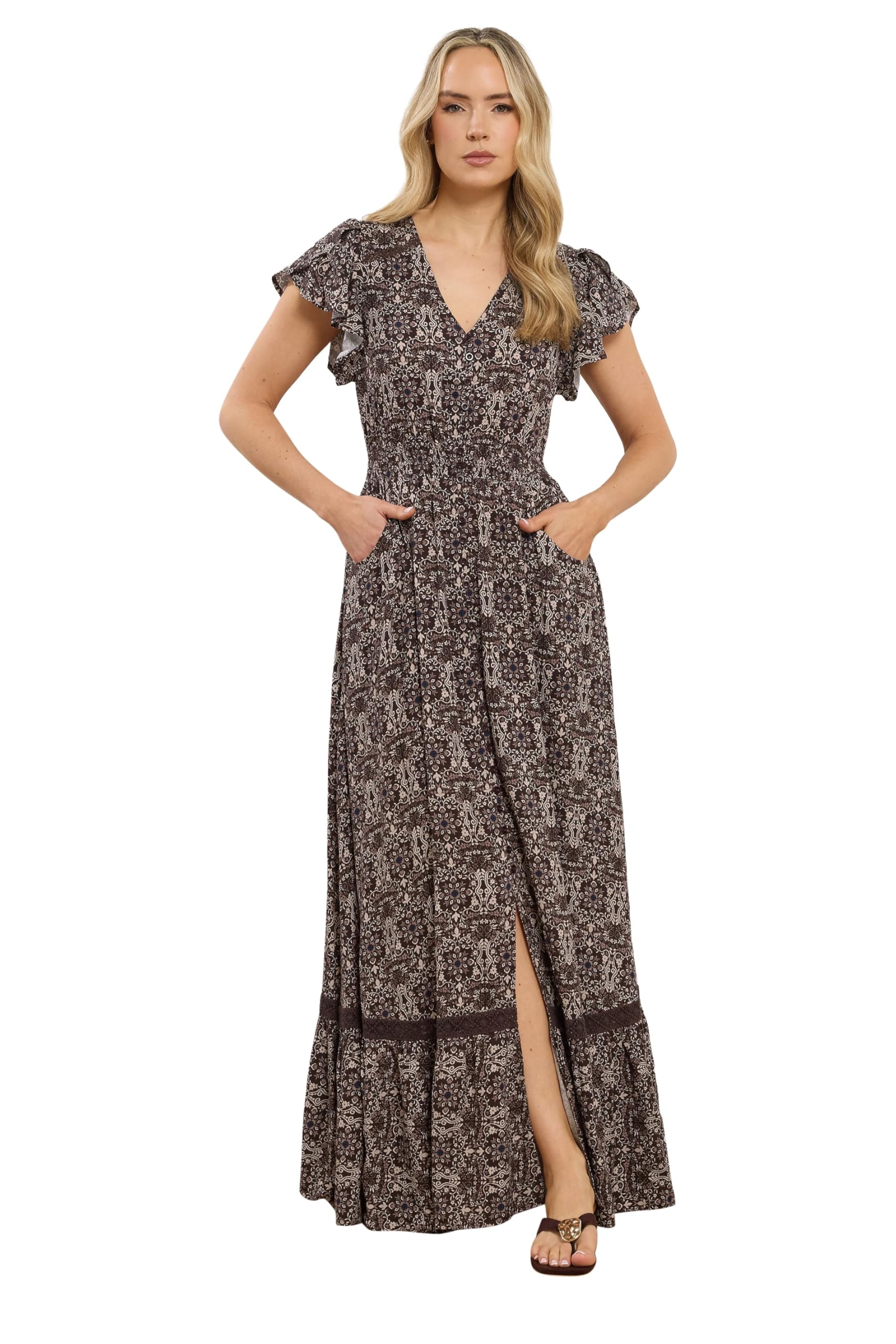 Long Tall Sally - Maxi Dress - Floral Print - Size 14 - Chocolate