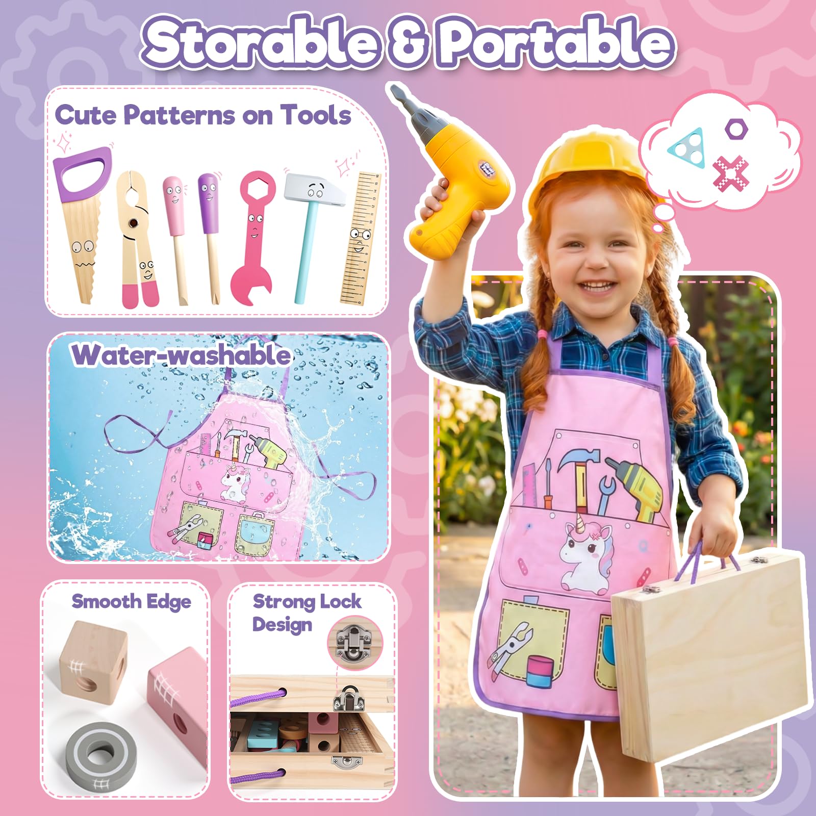 Giochi Bambini 3 Anni, Cassetta Attrezzi Bambini Rosa con 44 pezzi Giochi Bambina Bambino 3 4 Anni Giocattolo Educativi Montessori con Trapano Elettrico e Grembiule Regalo Bambina Bambino 3 4 5 Anni