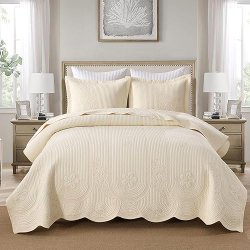 Miniatura 55 de MarCielo Juego de ropa de cama de 3 piezas, 100 % algodón, juego de colcha de gran tamaño, ligero y bordado, estilo rústico (TX blanco brillante, Tf